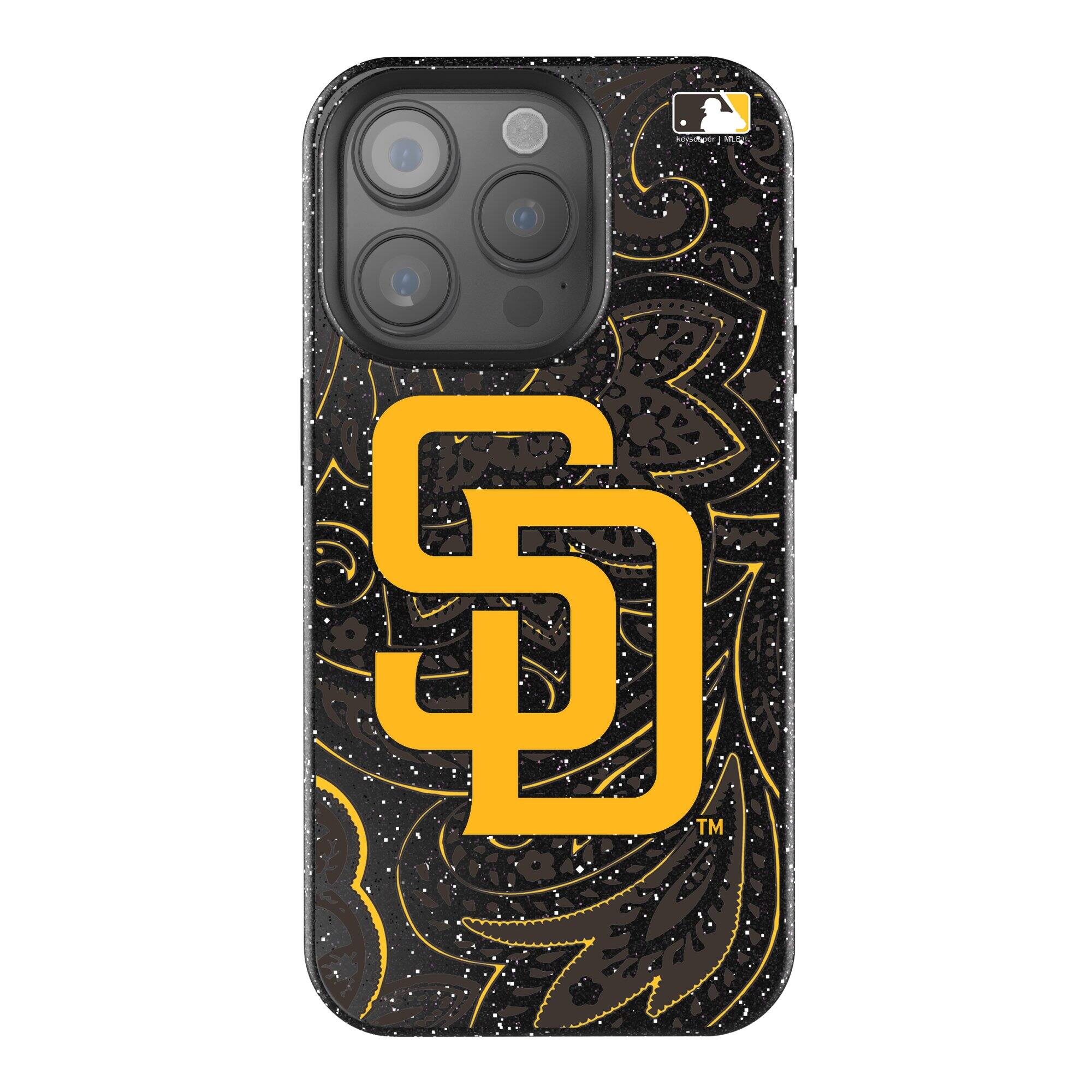 Front. Keyscaper - San Diego Padres Paisley Bling iPhone Case - 14 Pro - Black.