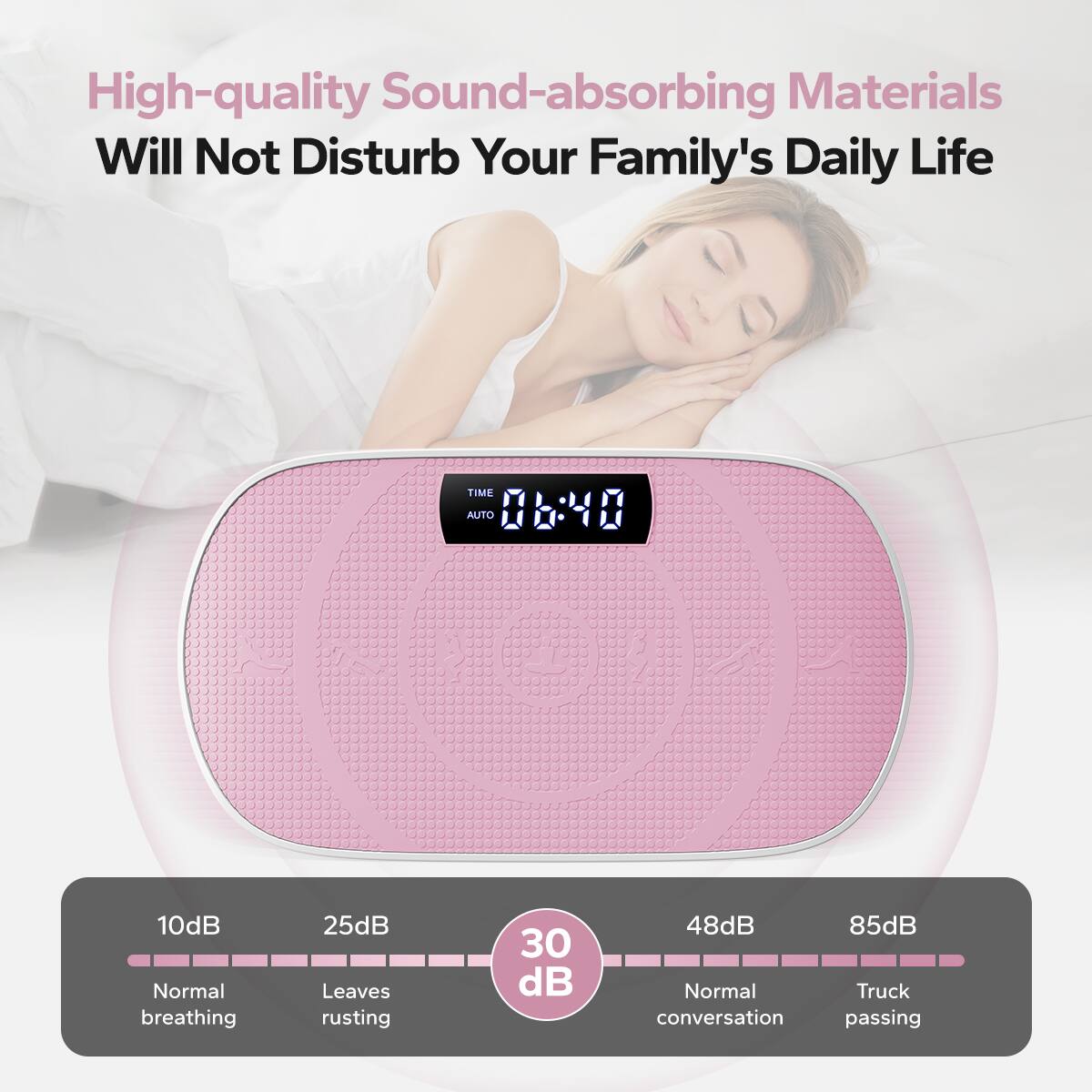 High-quality Sound-absorbing Materials Will Not Disturb Your Family's Daily Life

TIME AUTO 06:40

10dB Normal breathing  
25dB Leaves rusting  
30 dB  
48dB Normal conversation  
85dB Truck passing