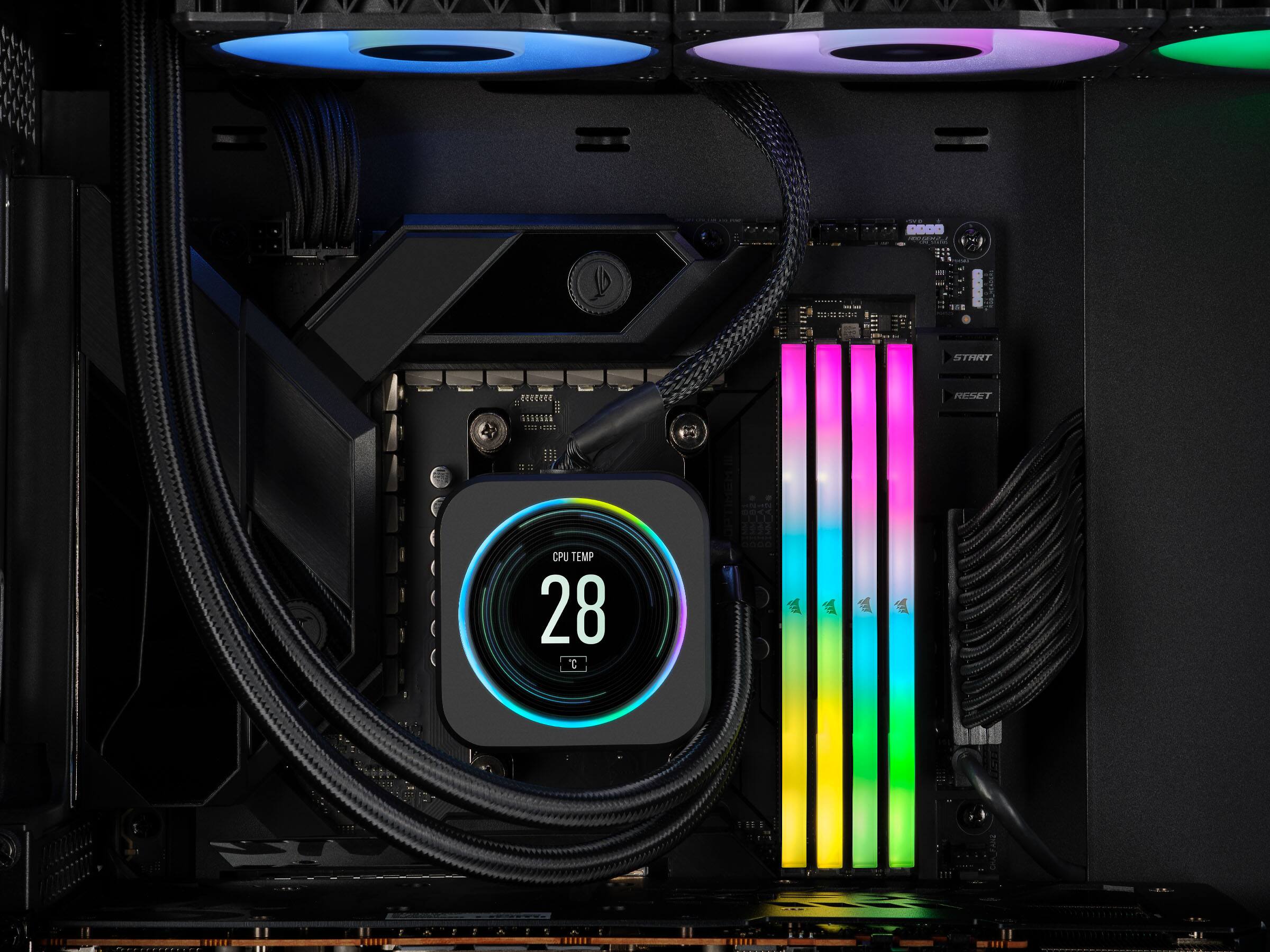 I do not have access to the image, but based on the text provided, here is the corrected and grouped version:

- CPU TEMP: 28°C
- START
- RESET