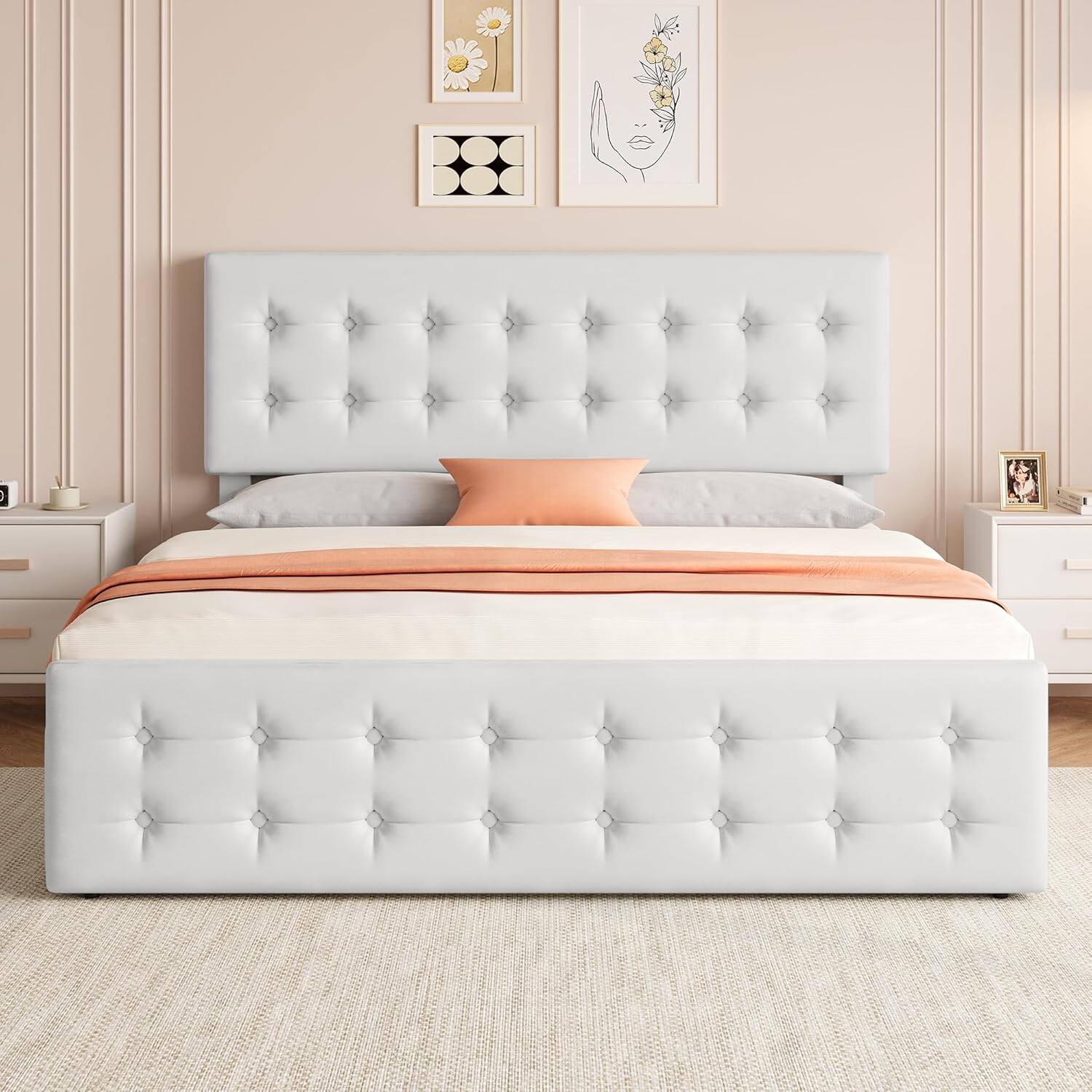 Alt View 3. Jojoka - King Size Bed Frame with 4 Storage Drawers, Faux Leather Upholstered Platform Bed, Adjustable Headboard, White - White.