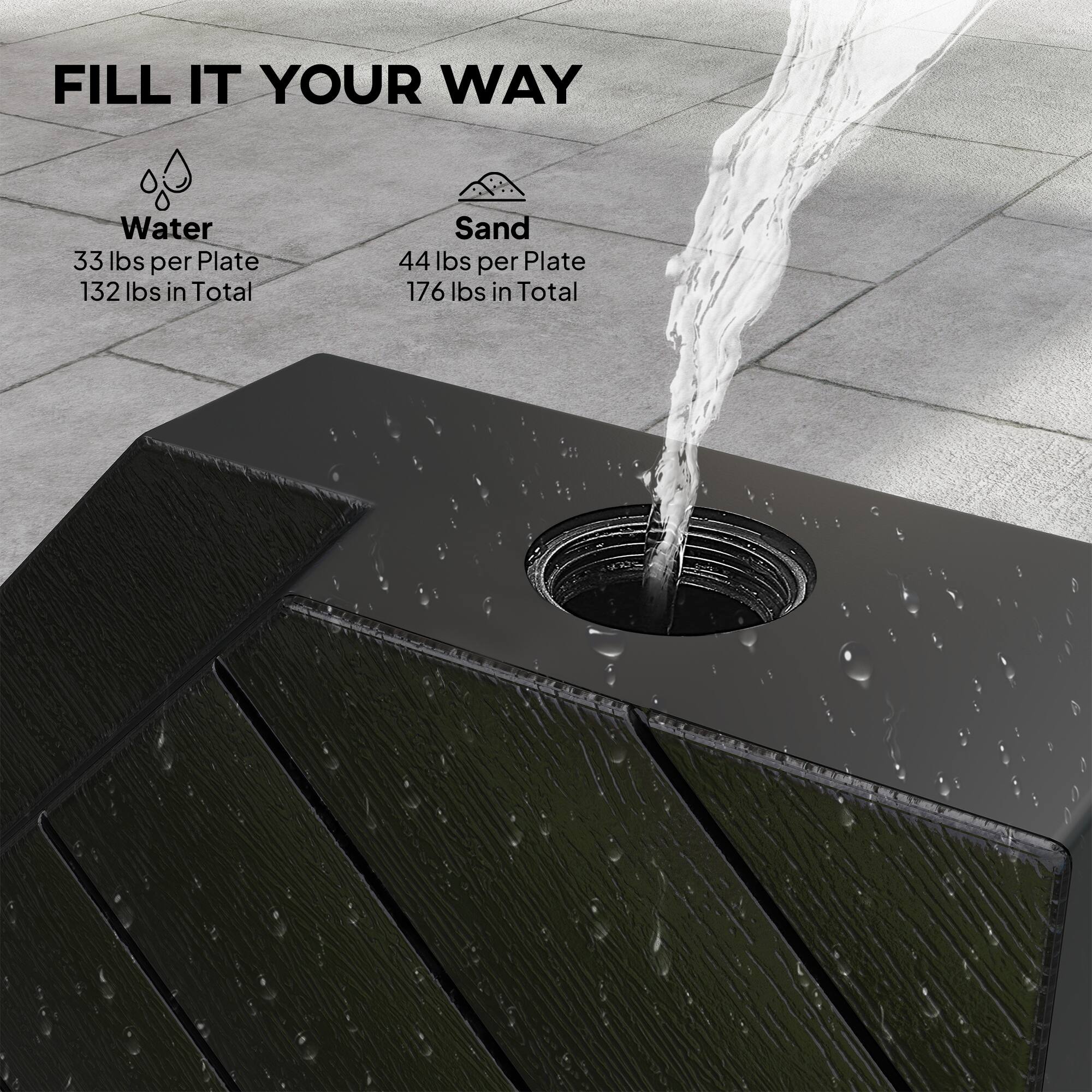 FILL IT YOUR WAY

Water: 33 lbs per Plate, 132 lbs in Total
Sand: 44 lbs per Plate, 176 lbs in Total