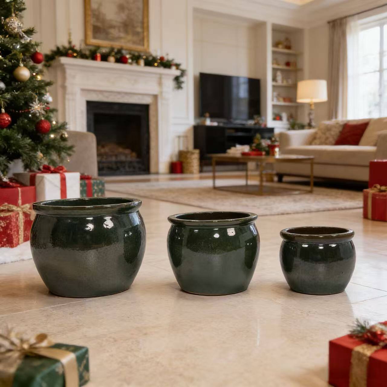 Alt View 1. Loheer - Loheer Ceramic Planter Set, Handmade Dark Green Glazed Clay Pots with Drainage, Set of 3 for Indoor Outdoor Plants.