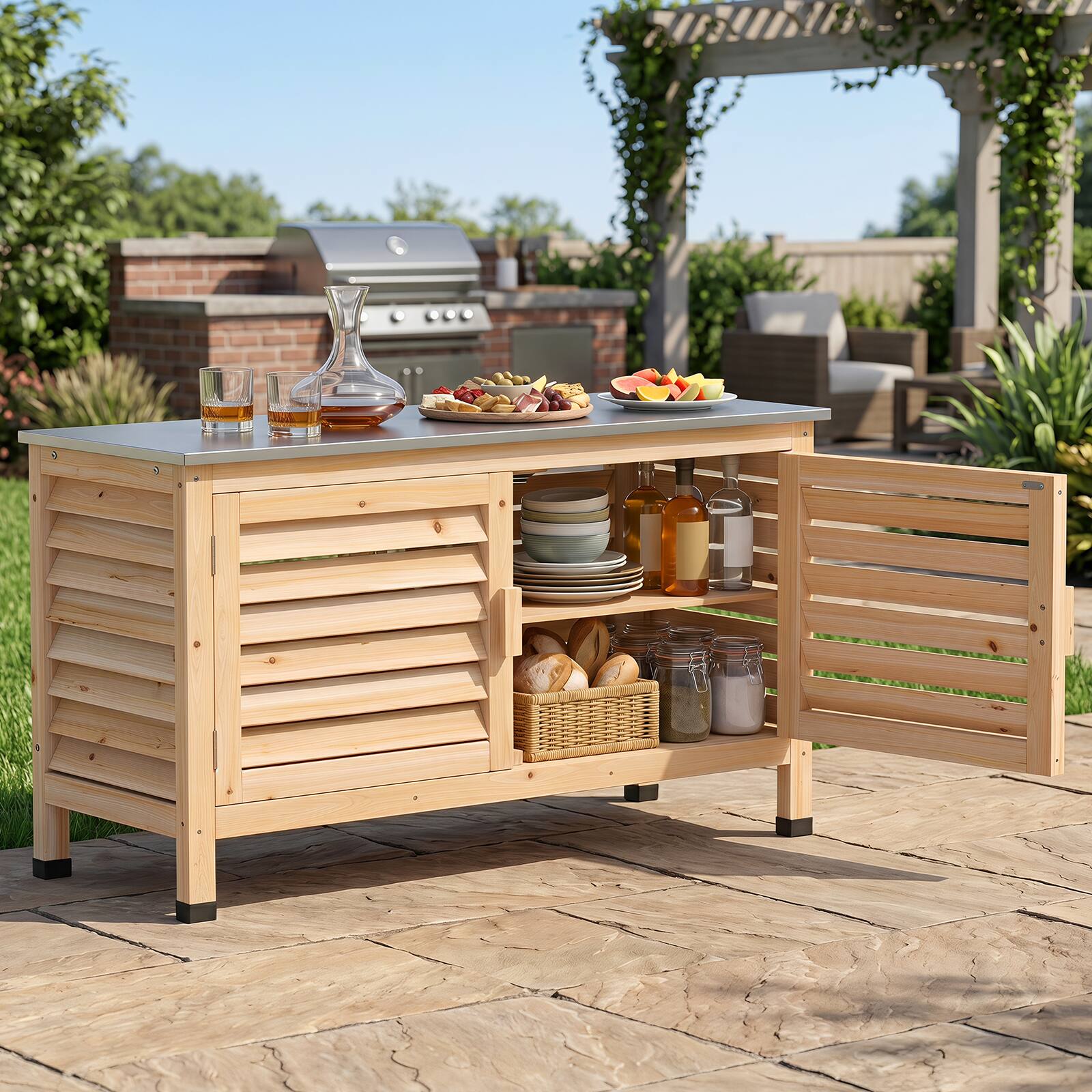 Alt View 3. Costway - Costway 2-Door Potting Table with Stainless Steel Countertop Fir Wood Frame L-Shaped Shelf - Natural + Silver.