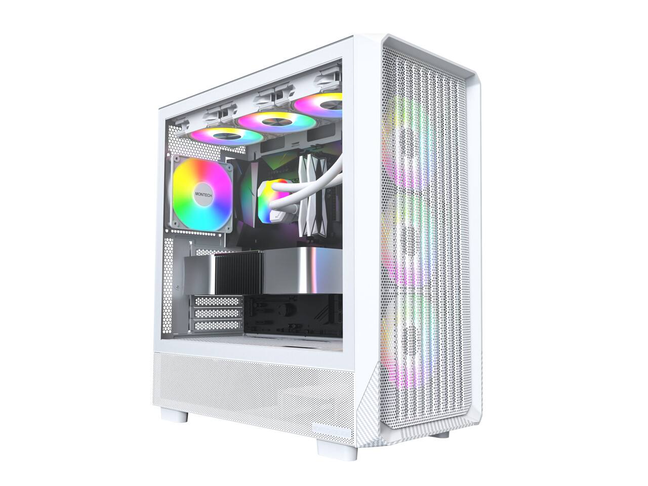 Left. Montech - MONTECH X5 ATX Mid-Tower Case, 4x ARGB Fans, Glass Panel, GPU Holder, White - White.