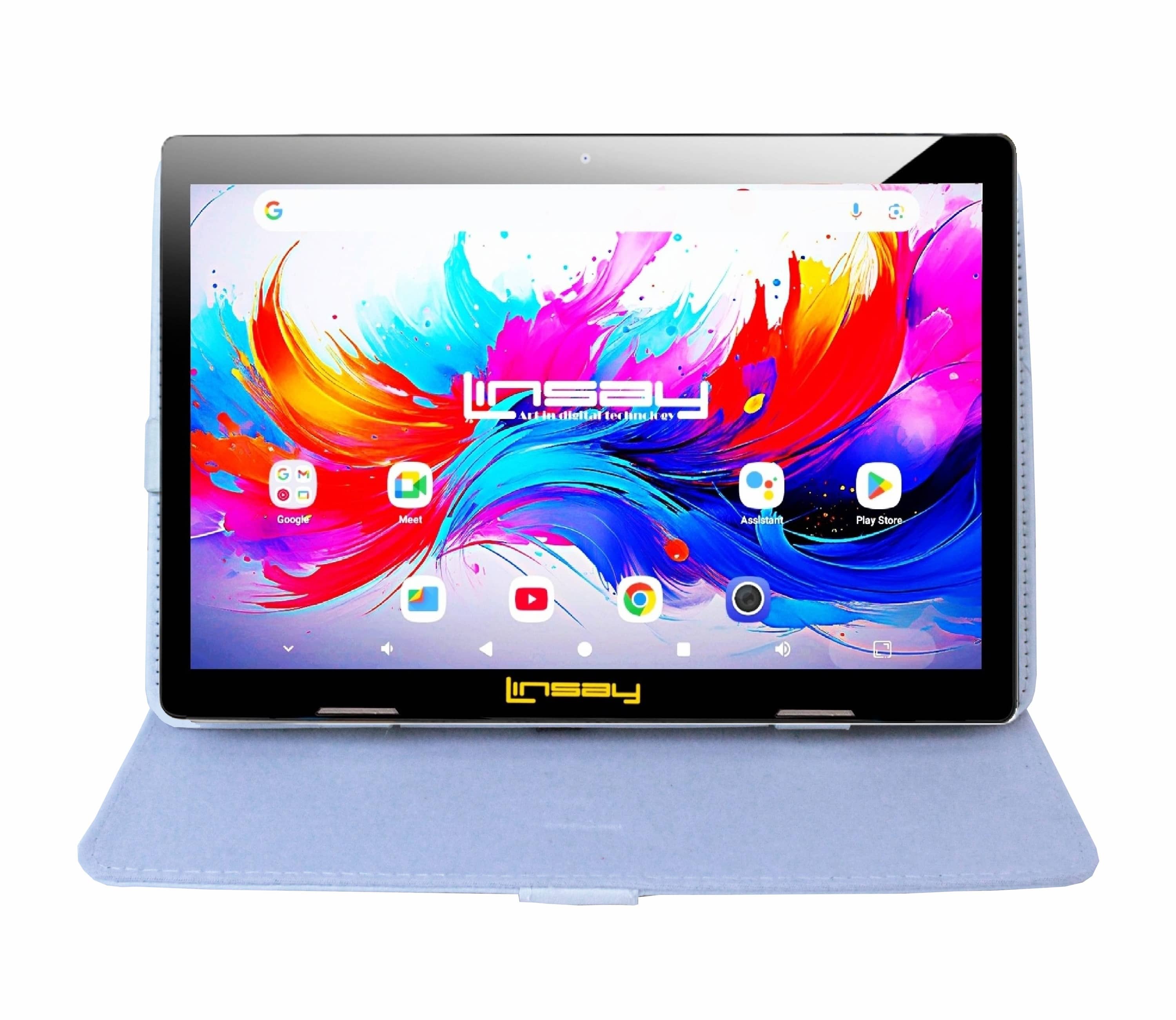 LINSAY - 10.1" Octa Core 256GB Storage Android 15 Tablet with Leather Case - White