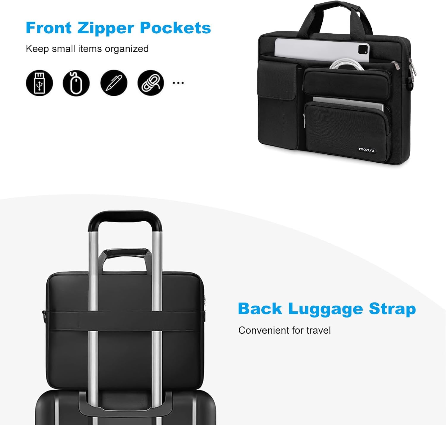 Front Zipper Pockets  
Keep small items organized

Back Luggage Strap  
Convenient for travel