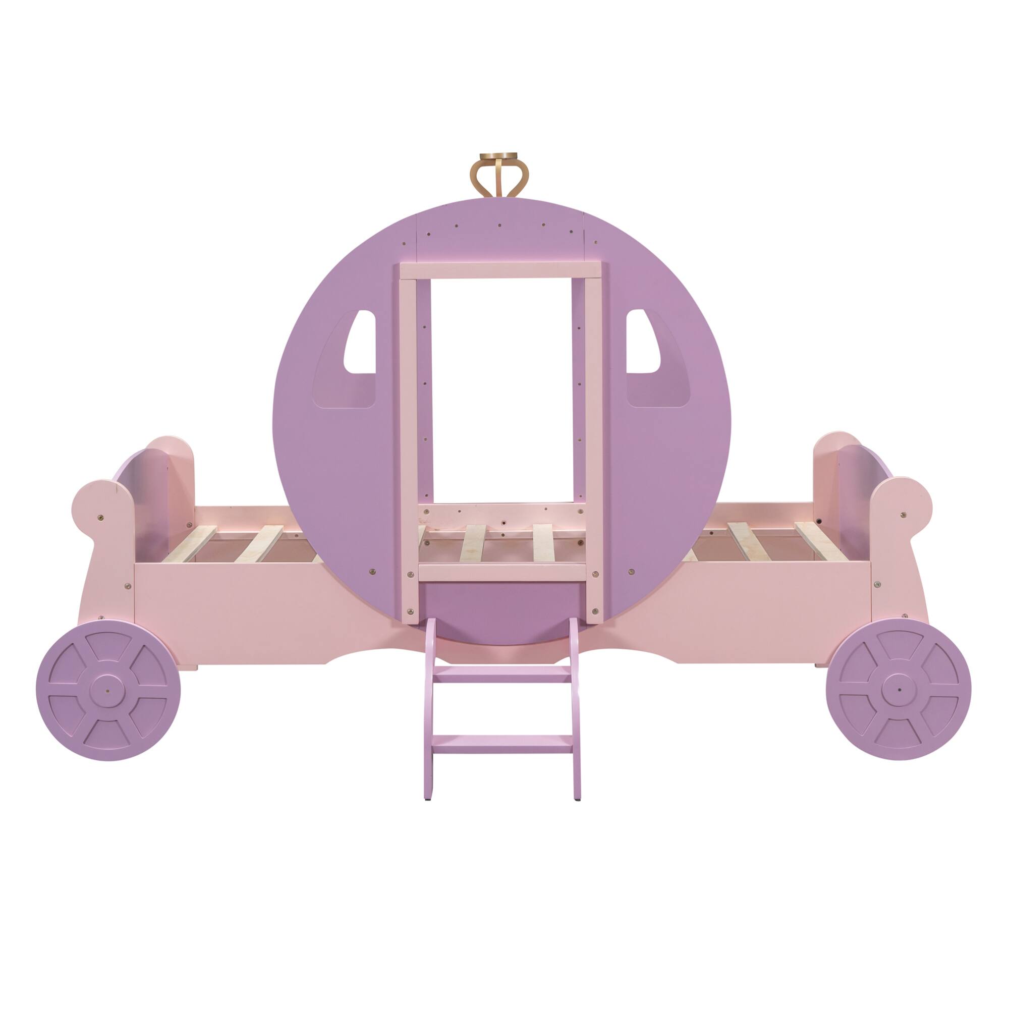 Alt View 2. GOODSILO - Twin Size Princess Carriage Bed with Crown and Wood Platform Design Including Staircase - Pink.