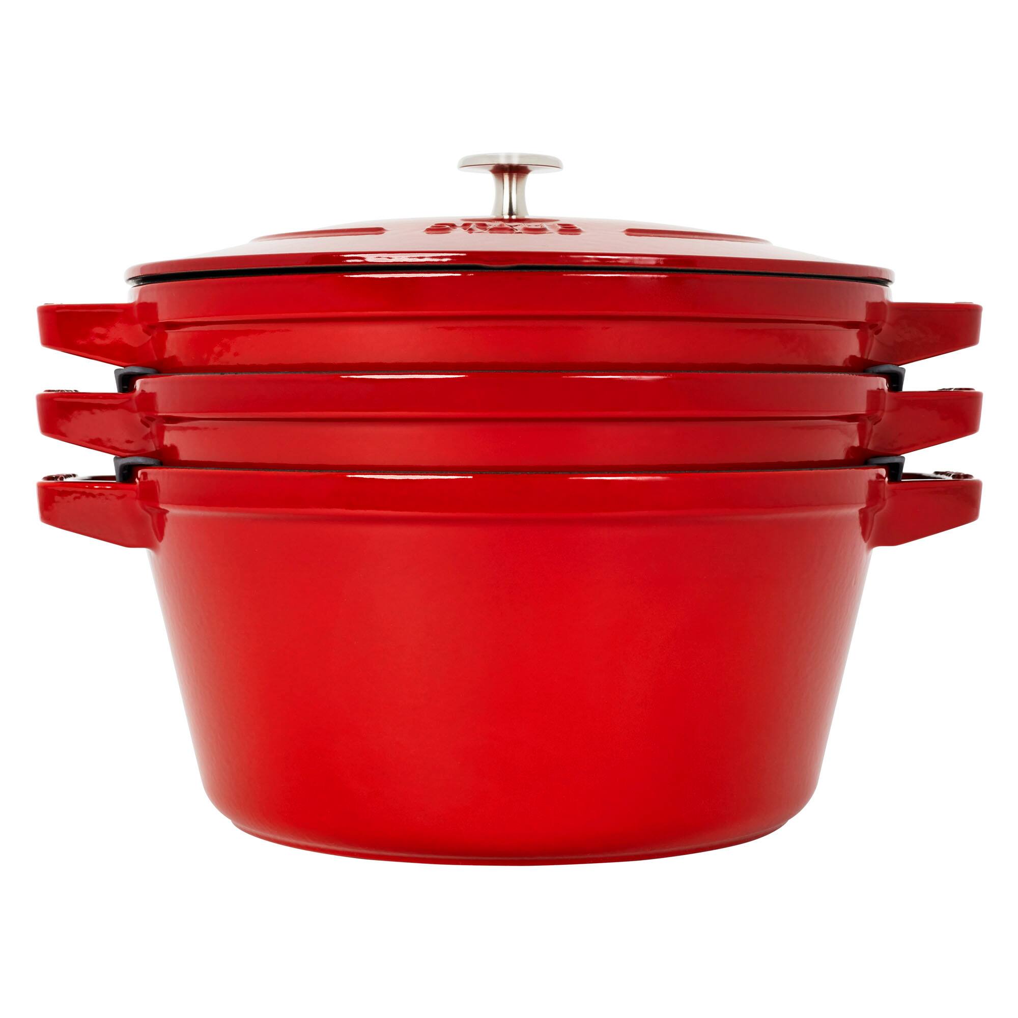 Alt View 1. Staub - STAUB Cast Iron Set 4-pc, Stackable Space-Saving Cookware Set, Dutch Oven with Universal Lid, Made in France, Cherry - Cherry.