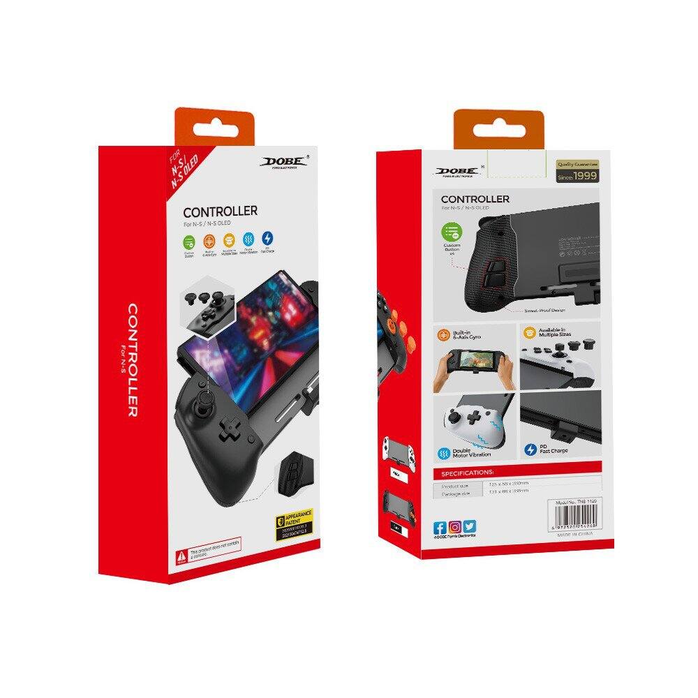 **Left Box:**

- DOBE
- FOR N-S/N-S OLED
- CONTROLLER
- For N-S/N-S OLED
- Dual-Action
- Anti-Slip Grip
- Fast Charge
- APPRECIATE
- The product is designed for entertainment
- The product is designed for entertainment

**Right Box:**

- DOBE
- Since 1999
- CONTROLLER
- For N-S/N-S OLED
- Dual-Action
- Anti-Slip Grip
- Fast Charge
- Multi-Game
- Vibrations
- SPECIFICATIONS:
  - Product size: 12.8 x 2.5 x 10.7cm
  - Package size: 13.1 x 6.6 x 30.0cm
- APPRECIATE
- The product is designed for entertainment
- The product is designed for entertainment
- Facebook, Instagram, Twitter icons
- DOBE Home Entertainment
- Barcode: 6906077201999