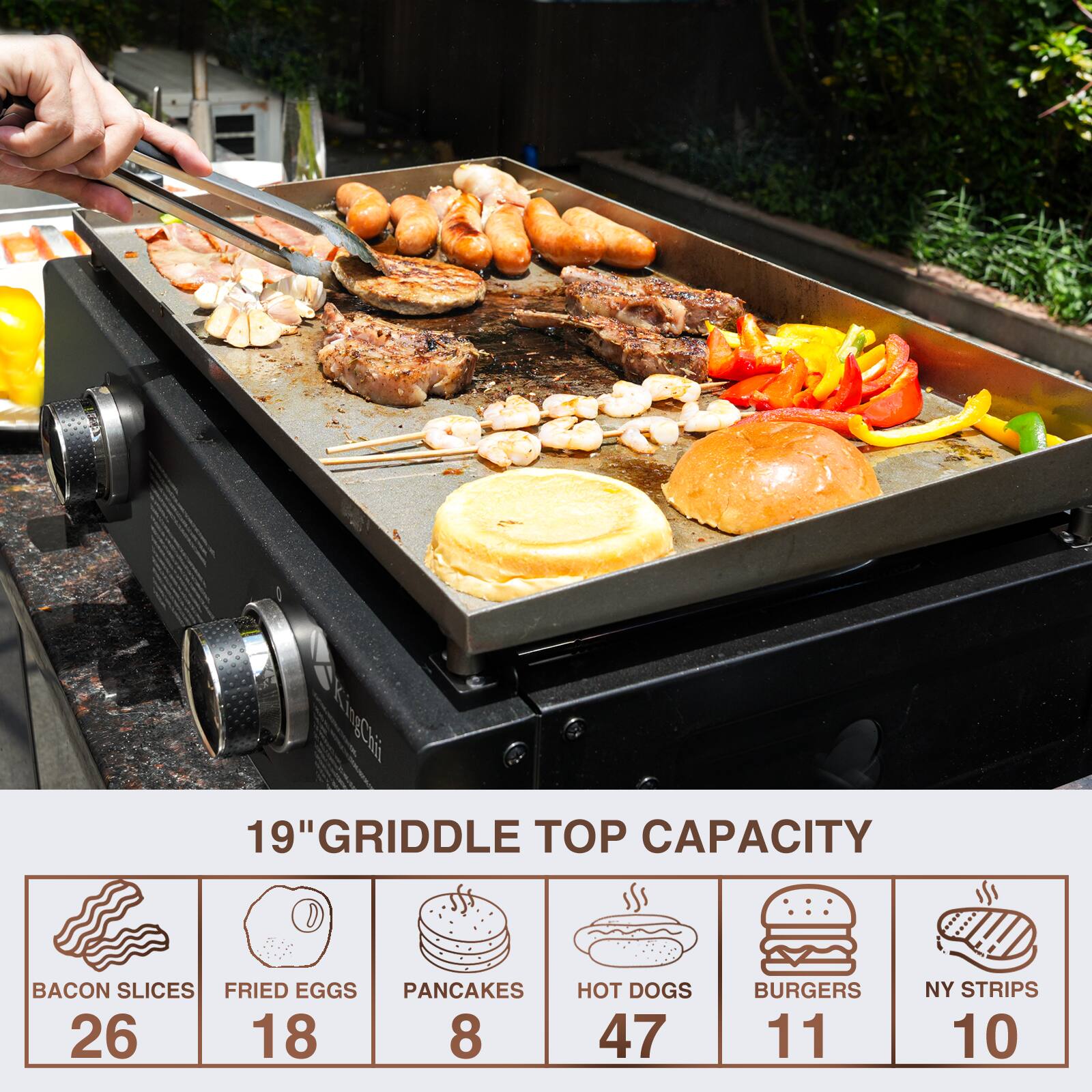 KingCii 19"GRIDDLE TOP CAPACITY  
- BACON SLICES: 26  
- FRIED EGGS: 18  
- PANCAKES: 8  
- HOT DOGS: 47  
- BURGERS: 11  
- NY STRIPS: 10