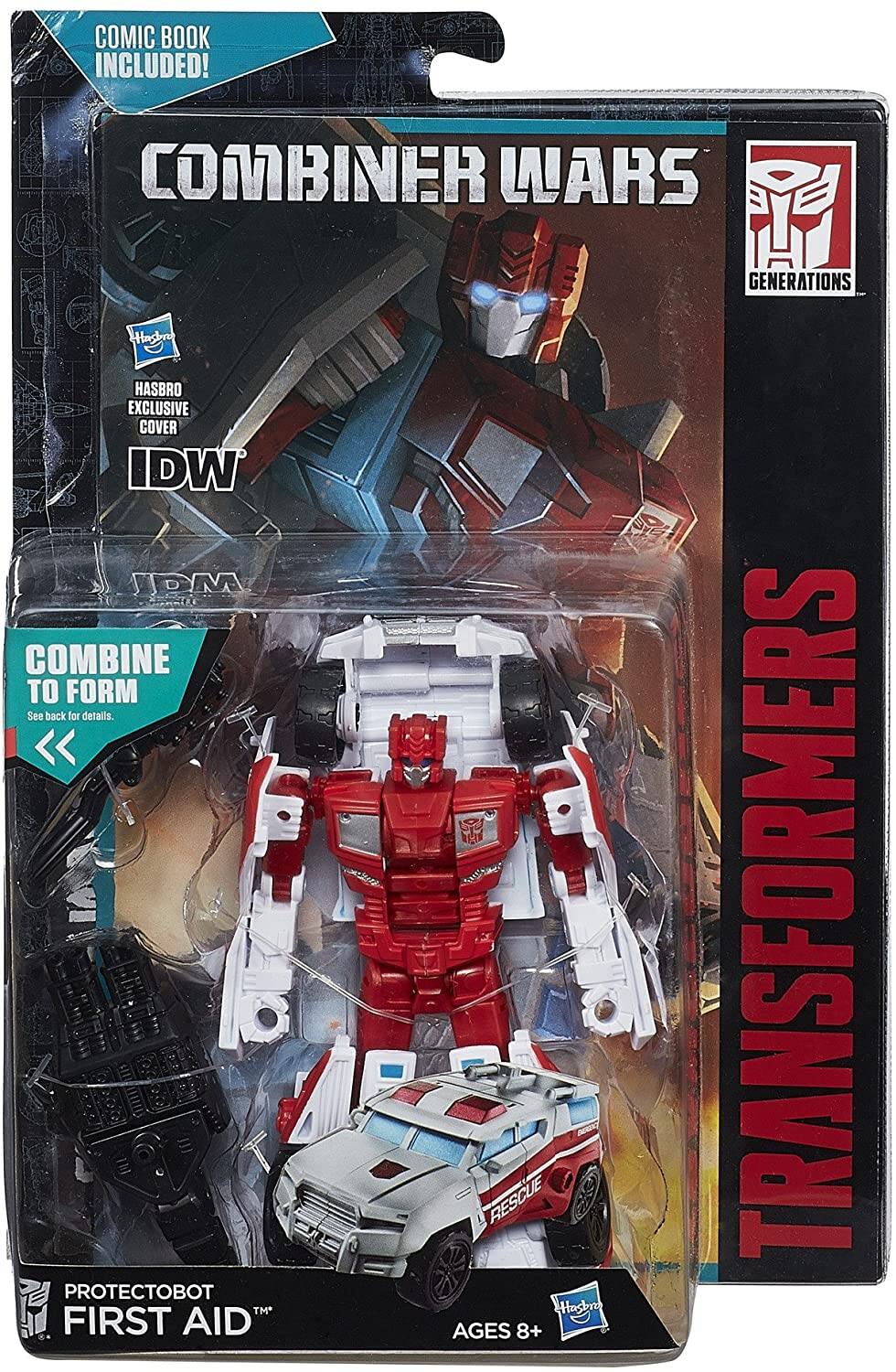COMIC BOOK INCLUDED!  
COMBINER WARS GENERATIONS  
HASBRO EXCLUSIVE COVER  
IDW  

COMBINE TO FORM  
See back for details.  

PROTECTOBOT  
FIRST AID  

AGES 8+