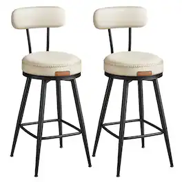 Songmics Home - Bar Stools Set of 2, Swivel Counter Height Bar Stools with Back, Synthetic Leather with Stitching, Mid-Century Modern - Cream
