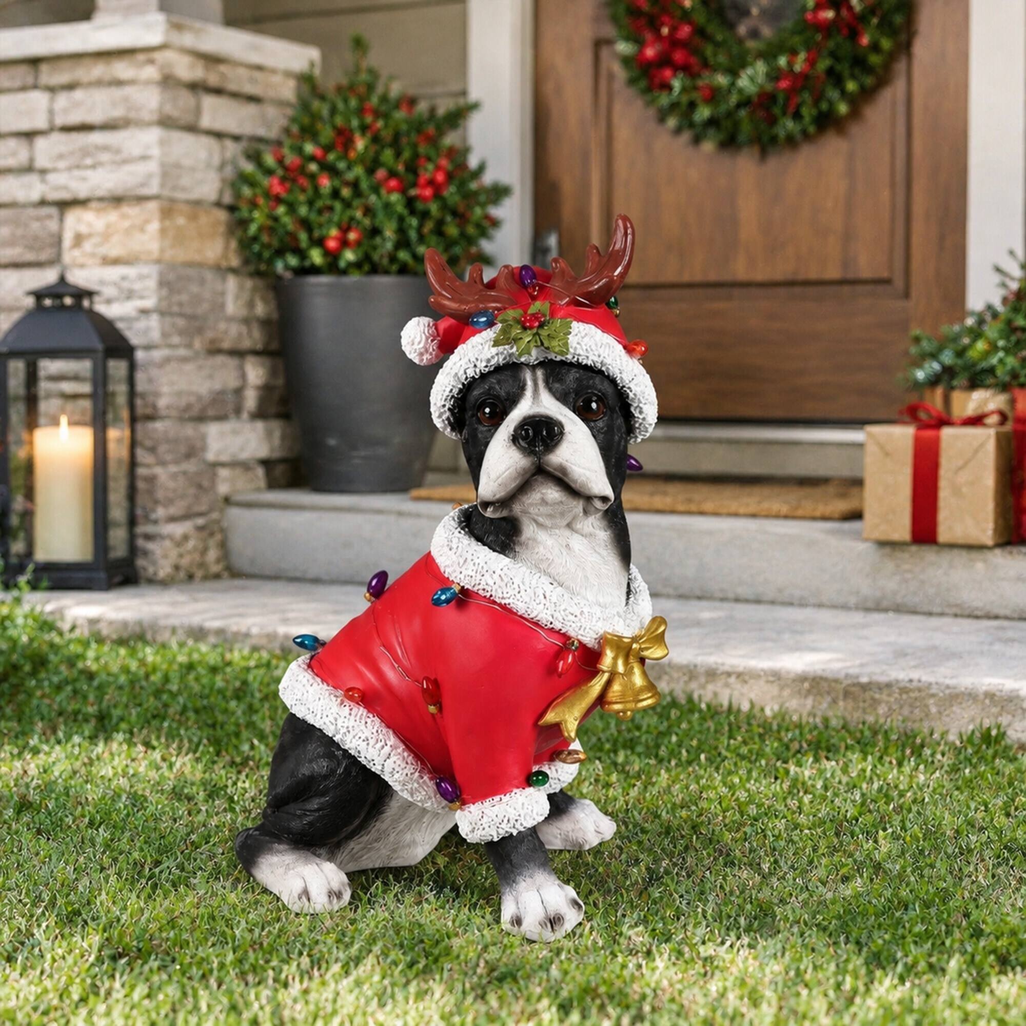 Back. RYHNUYNE - Christmas Boston Terrier Statue with Santa Outfit, Reindeer Antlers, Holly Accents, and Gold Bells for Mantel - Black.