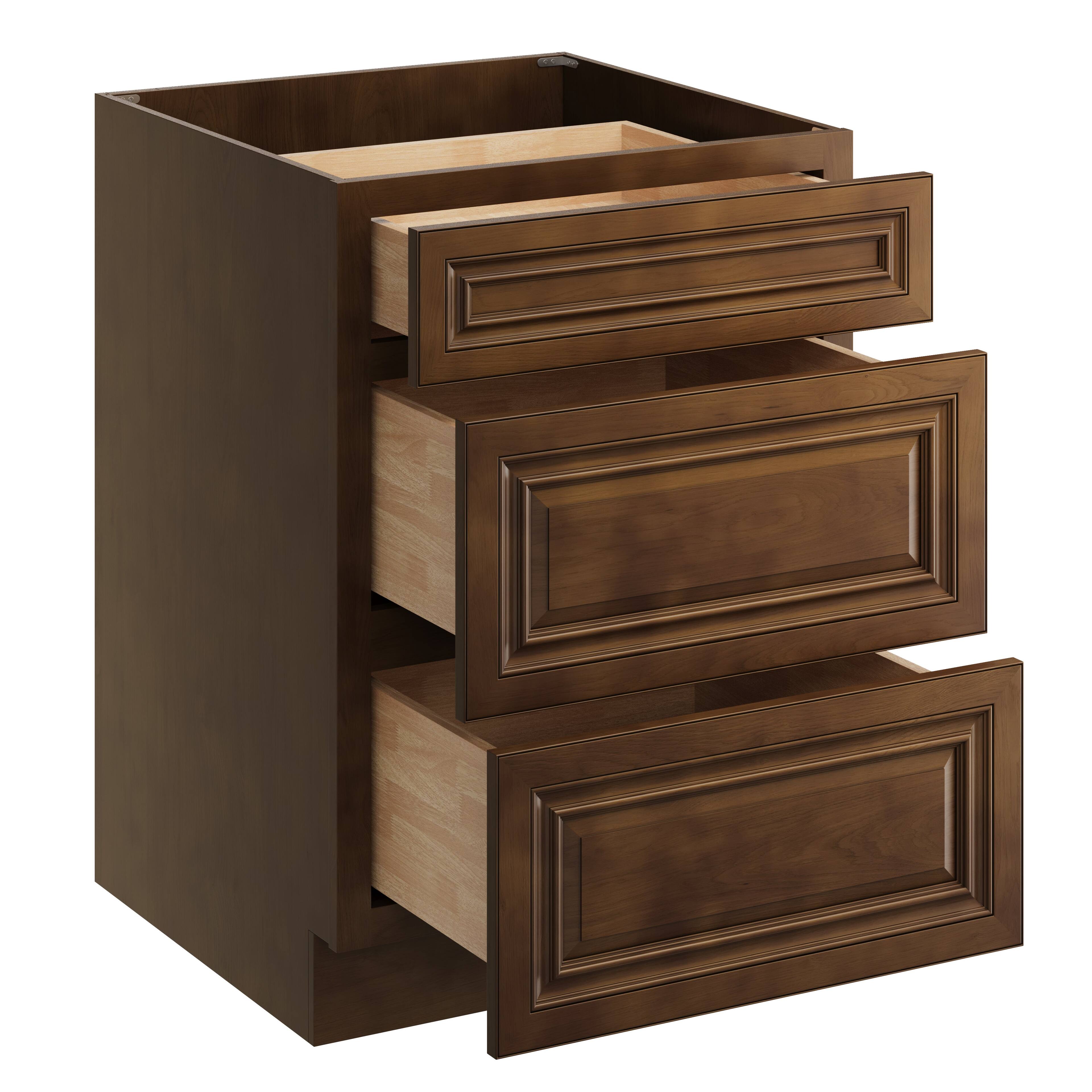 Alt View 1. Boyel Living - 24 Inch 3-Drawer Solid Wood Base Cabinet in Dark Caramel Finish - Dark Caramel.