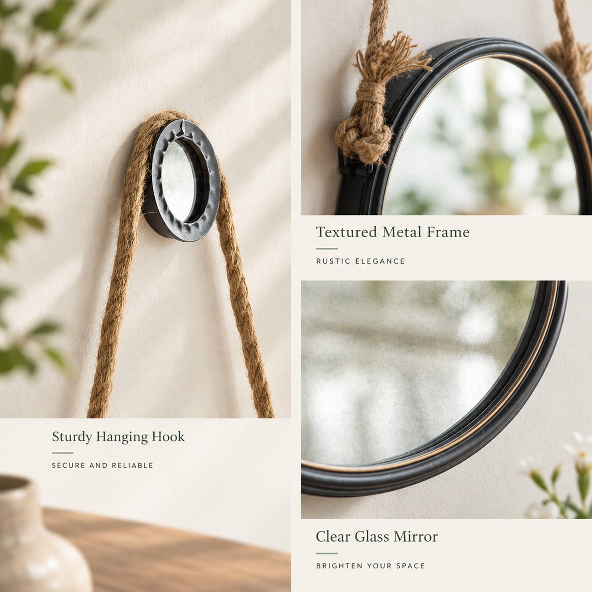 RYHNUYNE 19.5 in Round Wall Mirror, Grey Metal Frame, Rope Strap Hanger ...