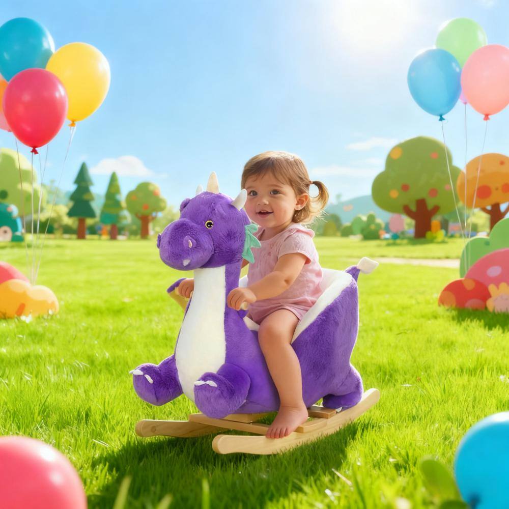 Back. Siljoy - Purple Dragon Rocking Horse, Roaring Sounds, 3-Point Belt, 55 lb Capacity, for Toddlers 18-36 Months - Purple.