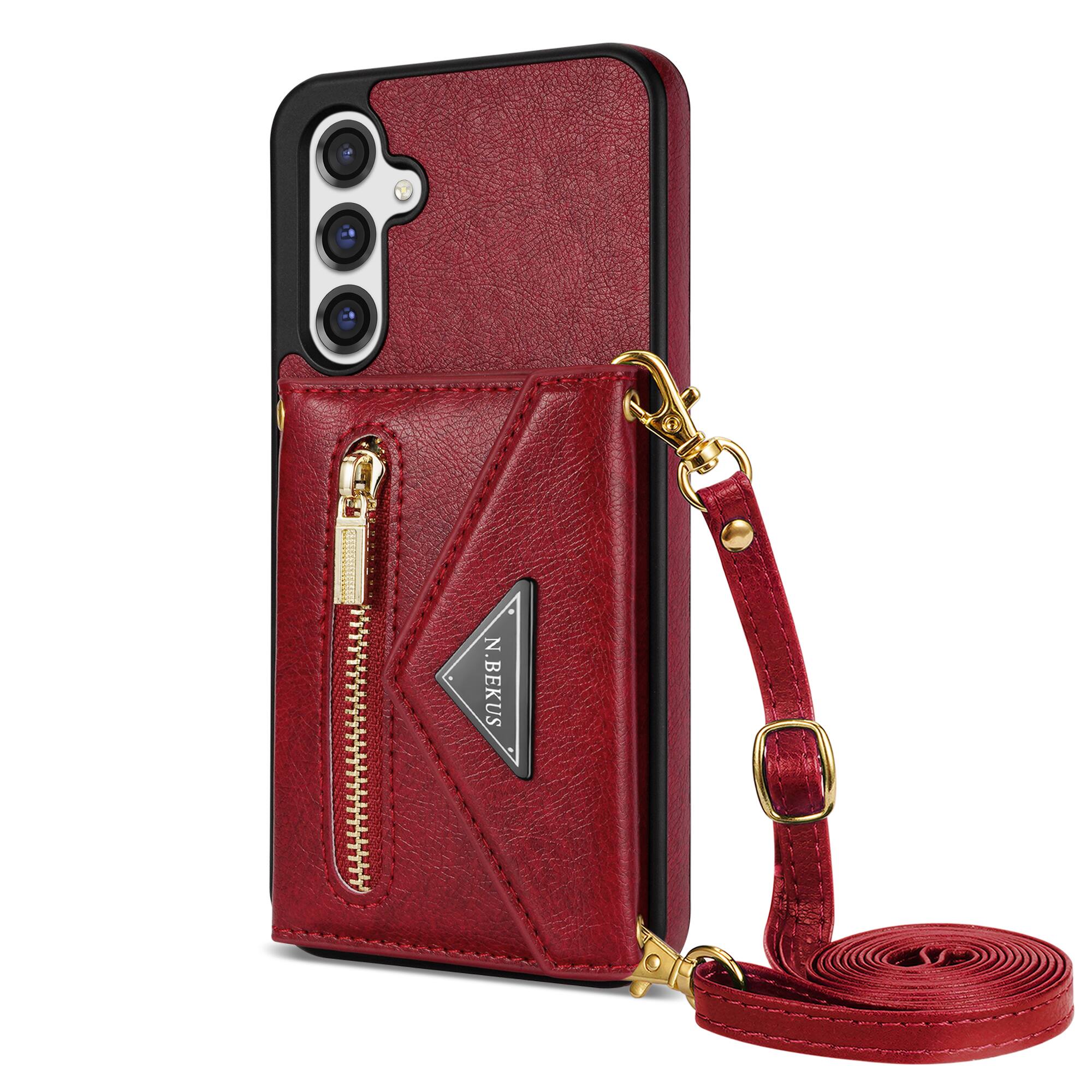 Alt View 8. Dteck - Crossbody Wallet Case for Samsung Galaxy S26+, Shockproof PU Leather Stand Cover with Zipper Pocket and Card Slots - Red.