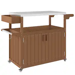 Outsunny - Bar Cart with Storage, Stainless Steel Outdoor Bar Table Top - Brown