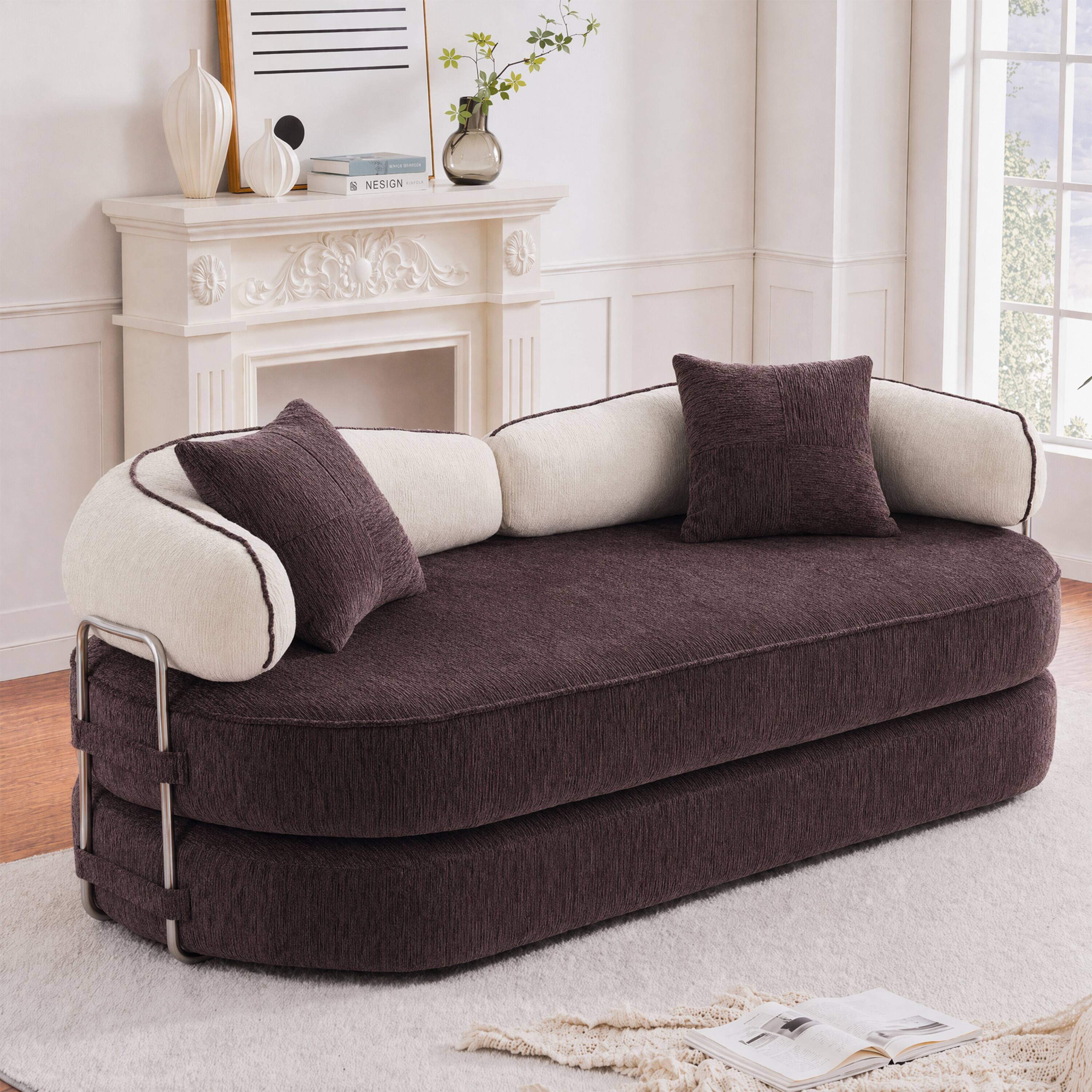 Angle. Vipbear - Curved Loveseat with 4 Pillows, Modern Boneless Couch, Convertible Sleeper Sofa Bed - Brown/Cream.