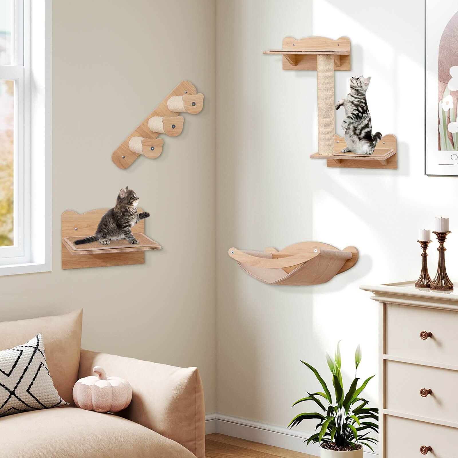 Alt View 3. Costway - Costway Cat Wall Shelves 4-Piece Wall Mounted Cat Playground w/ 2-step Cat Tree Wooden Cat Climber Furniture Set - Natural.