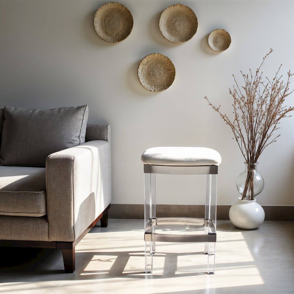 Alt View 2. Starlight Canyon Home - White Acrylic Stool with Leather Seat for Counter Use - Clear Bar Stools - White.