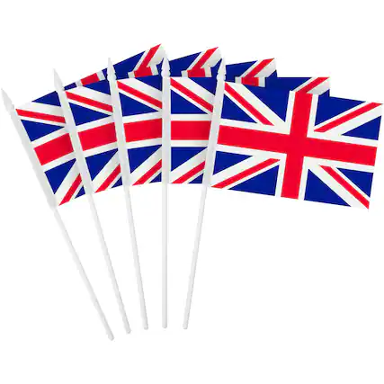 Front. G128 - 12-Pack UK Handheld Stick Flags - 4x6 in Polyester. - Assorted Colors.