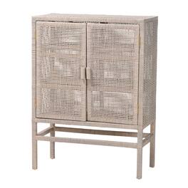bali & pari - Vivan Natural Rattan Storage Cabinet - 3-Tier Handwoven Wicker Accent Cabinet with Double Doors and Elevated Base - French Grey