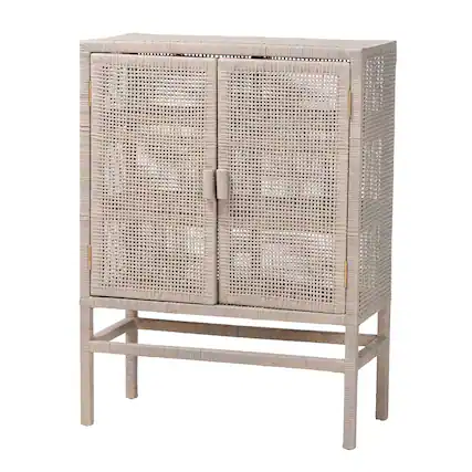 Front. bali & pari - Vivan Natural Rattan Storage Cabinet - 3-Tier Handwoven Wicker Accent Cabinet with Double Doors and Elevated Base - French Grey.