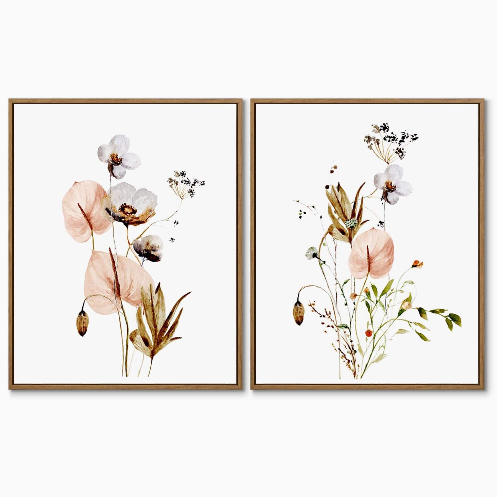 Hirose Alice - Boho Wall Art Set of 2 Watercolor Botanical Floral Picture Blossomy Wildflower Canvas Art Prints Minimalist - Pink White Flower (Framed) 14L" x 11W"