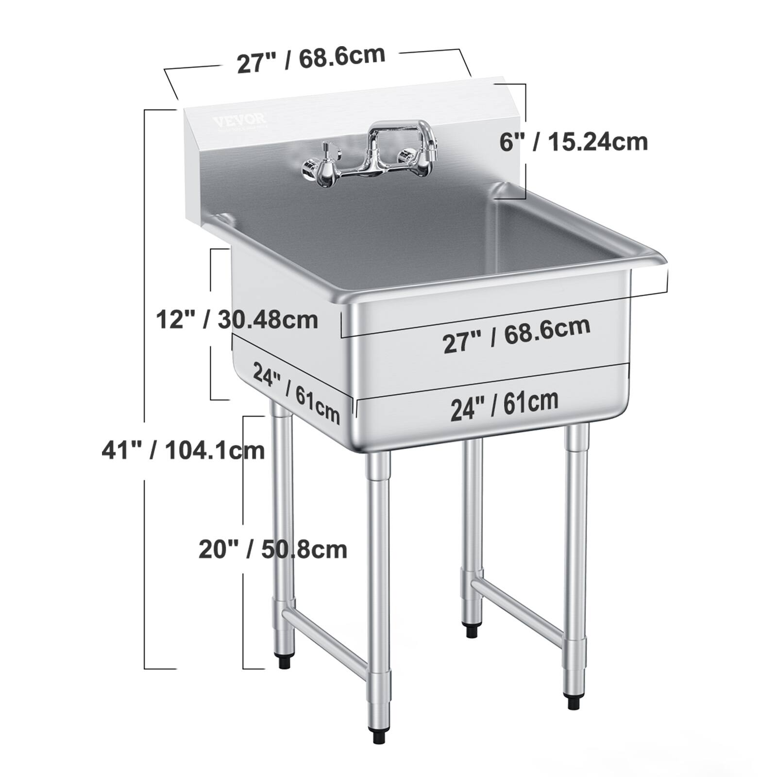 27" / 68.6cm  
6" / 15.24cm  
12" / 30.48cm  
24" / 61cm  
41" / 104.1cm  
20" / 50.8cm
