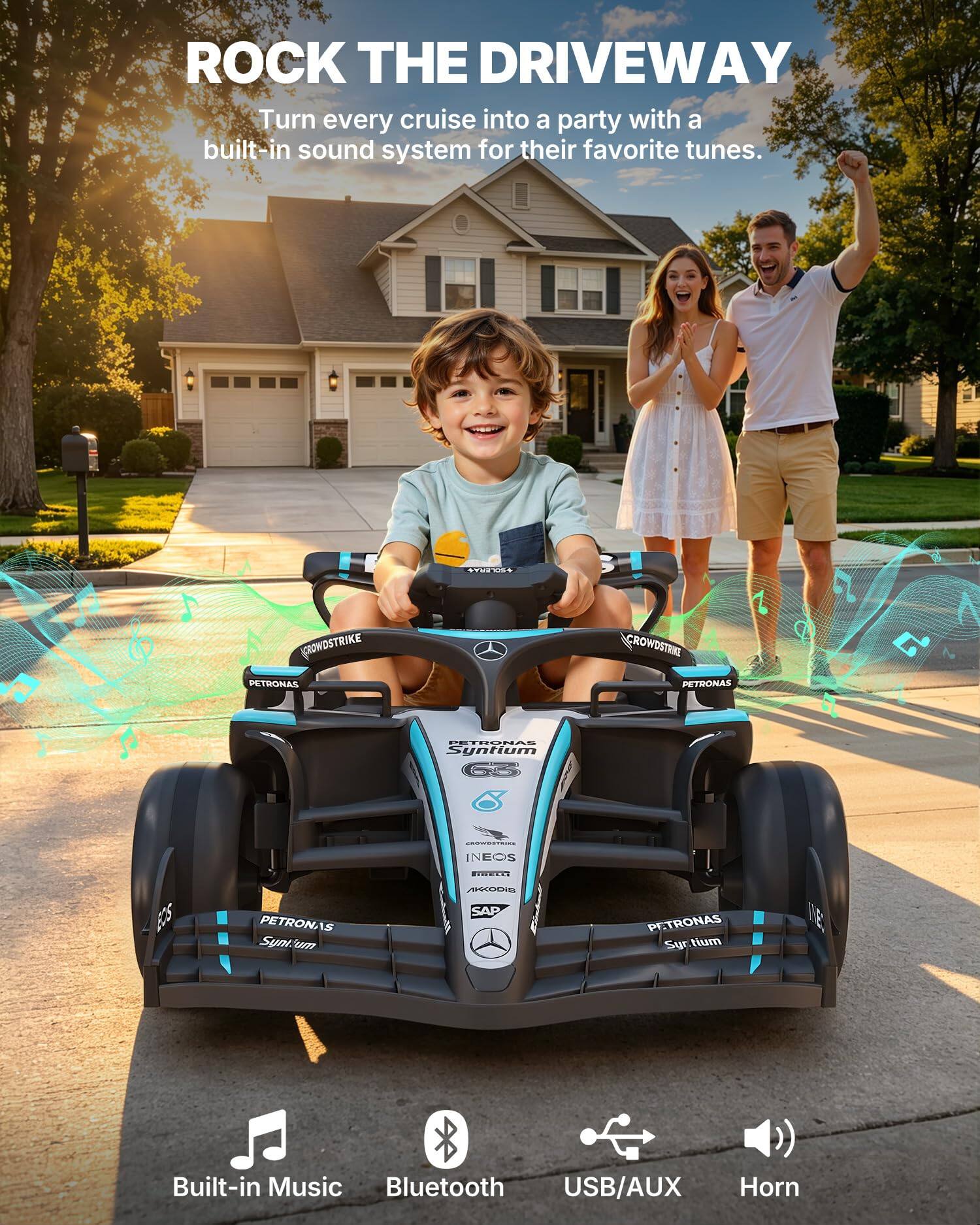 ROCK THE DRIVEWAY  
Turn every cruise into a party with a built-in sound system for their favorite tunes.

SOLERA  
CROWDSTRIKE PETRONAS  
CROWDSTRIKE PETRONAS  
PETRONAS Syntium 63  
INEOS  
TRELLING  
AKODIS  
PETRONAS Syntium  
SAP  
PETRONAS Syntium  

Built-in Music Bluetooth USB/AUX Horn