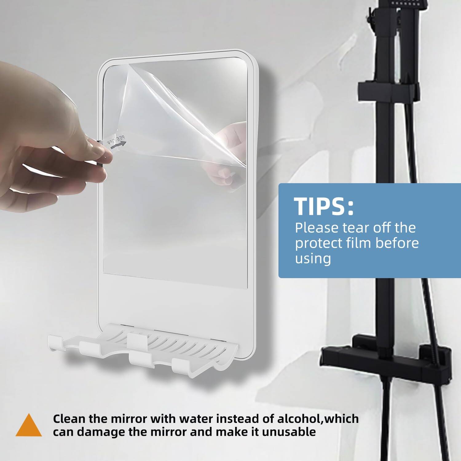 **TIPS:**

Please tear off the protect film before using

Clean the mirror with water instead of alcohol, which can damage the mirror and make it unusable