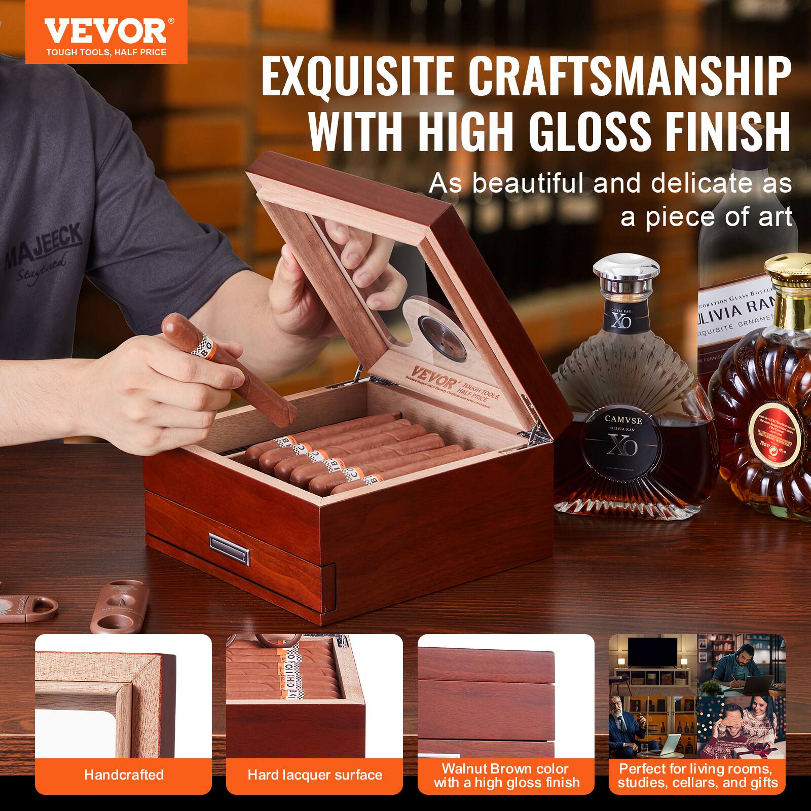 VEVOR  
TOUGH TOOLS, HALF PRICE  

EXQUISITE CRAFTSMANSHIP WITH HIGH GLOSS FINISH  
As beautiful and delicate as a piece of art  

Handcrafted  
Hard lacquer surface  
Walnut Brown color with a high gloss finish  
Perfect for living rooms, studies, cellars, and gifts