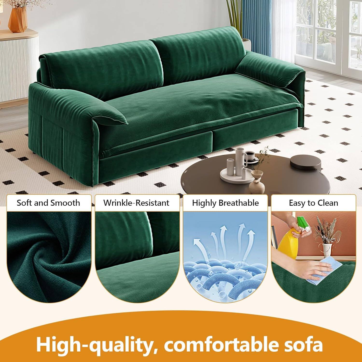 Soft and Smooth  
Wrinkle-Resistant  
Highly Breathable  
Easy to Clean  

High-quality, comfortable sofa