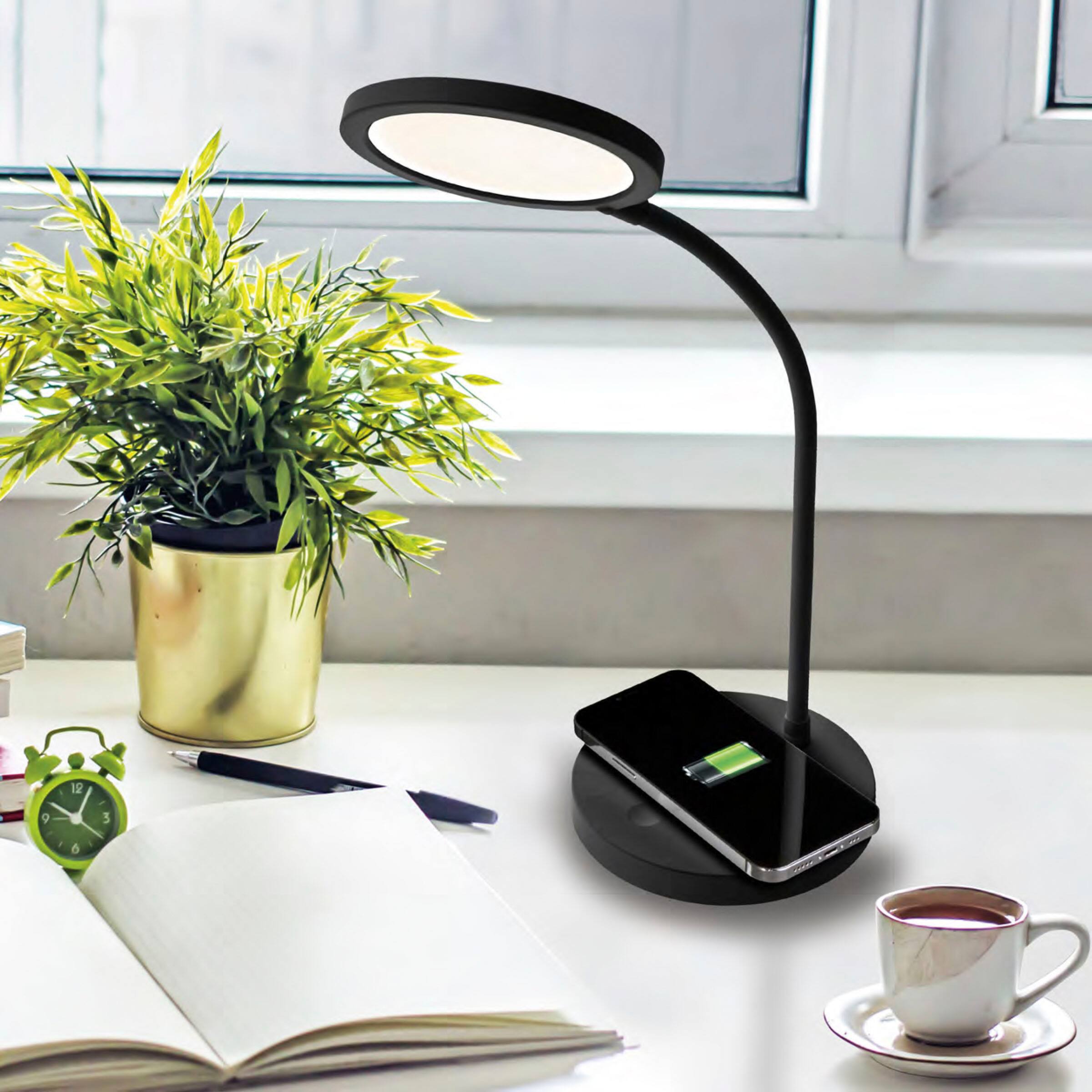 Angle. OttLite - Good Housekeeping Circular LED Desk Lamp w/Wireless Charging - Black - Black.