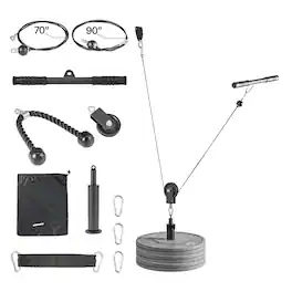 VEVOR - Pulley System, 1 PC LAT and Lift Pulley System, Gym Rack Pulleys Attachment with two Steel Cables, Short Bar - Black