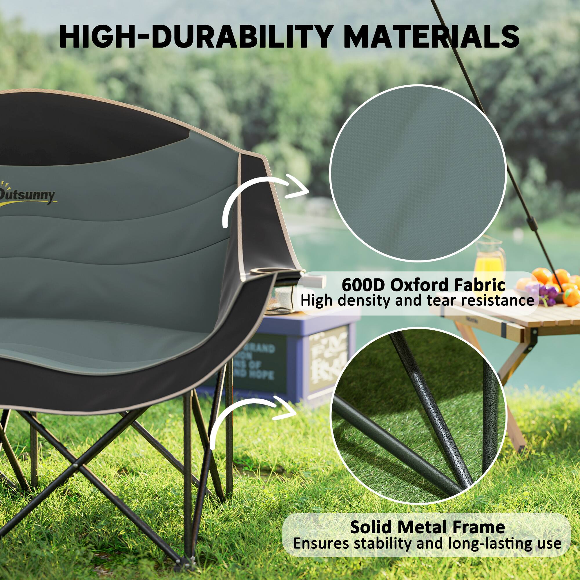 HIGH-DURABILITY MATERIALS

utSunny
600D Oxford Fabric
High density and tear resistance

Solid Metal Frame
Ensures stability and long-lasting use