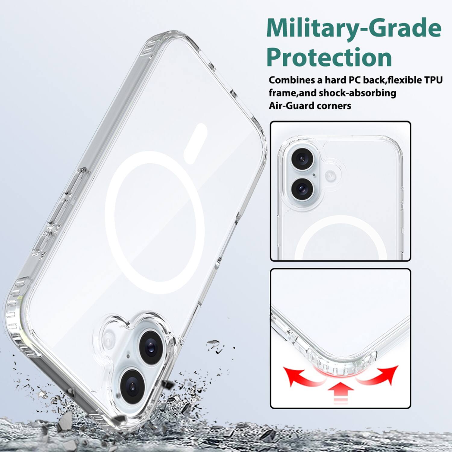 Military-Grade Protection  
Combines a hard PC back, flexible TPU frame, and shock-absorbing Air-Guard corners