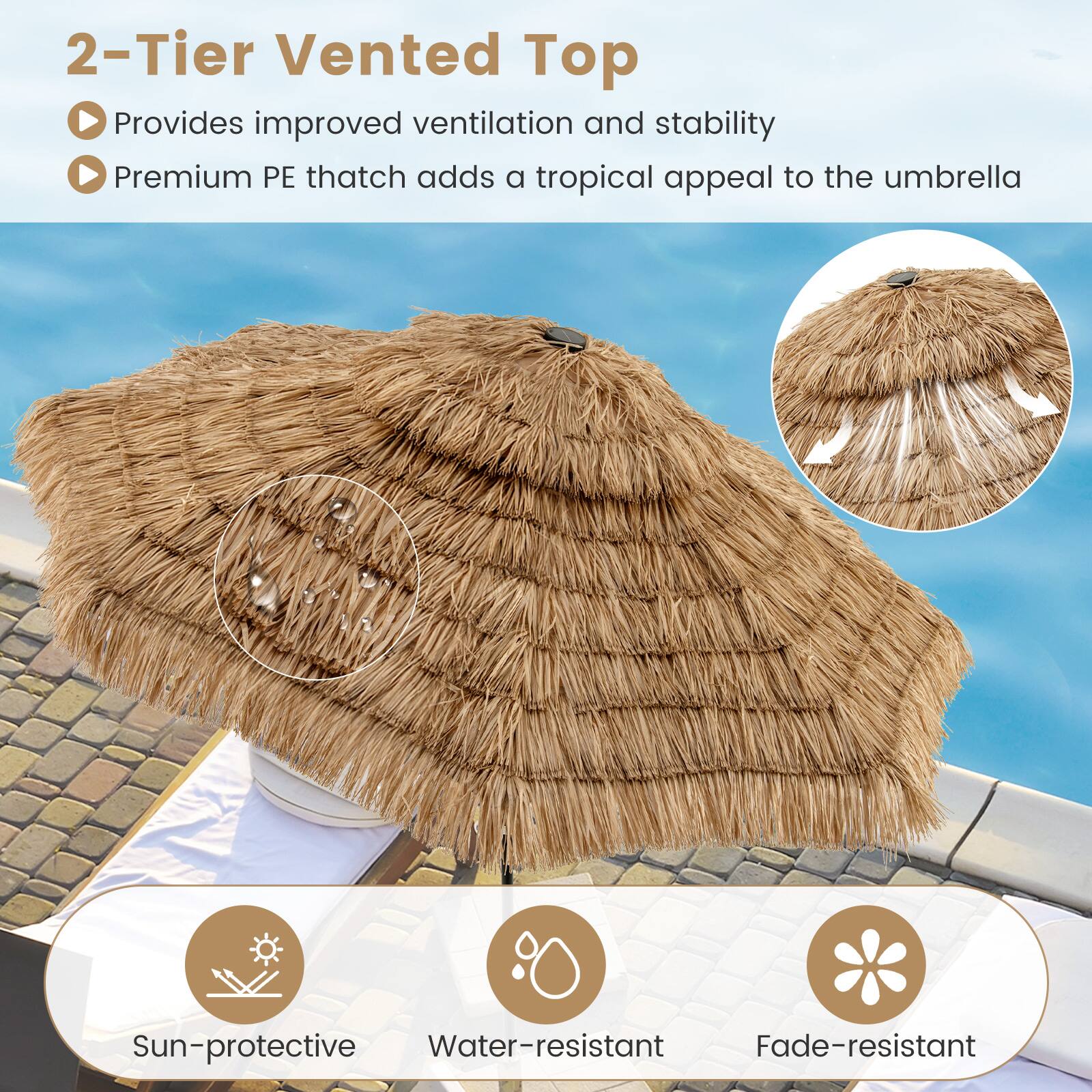 2-Tier Vented Top  
- Provides improved ventilation and stability  
- Premium PE thatch adds a tropical appeal to the umbrella  

Sun-protective  
Water-resistant  
Fade-resistant