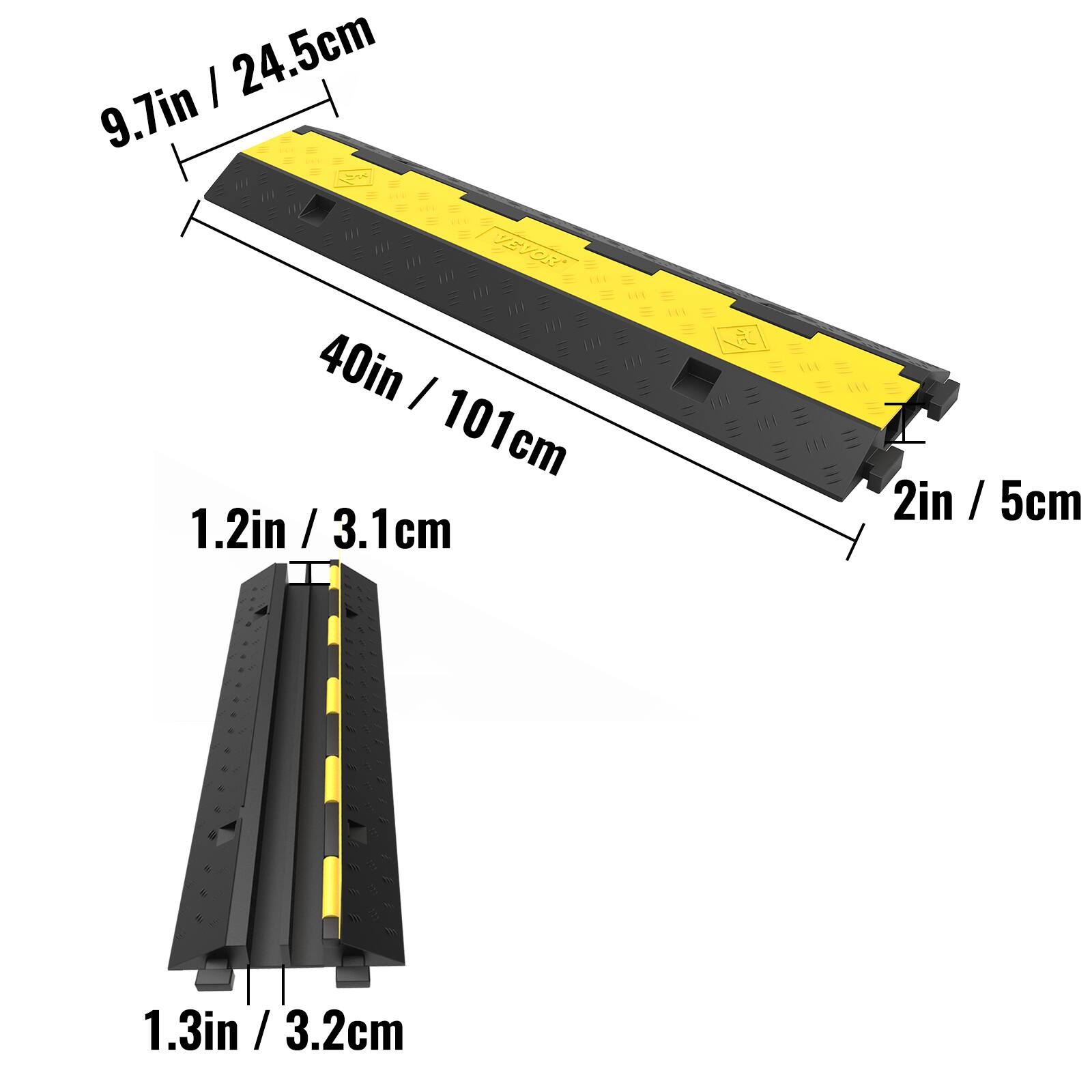 9.7in / 24.5cm, 40in / 101cm, 1.2in / 3.1cm, 2in / 5cm, 1.3in / 3.2cm