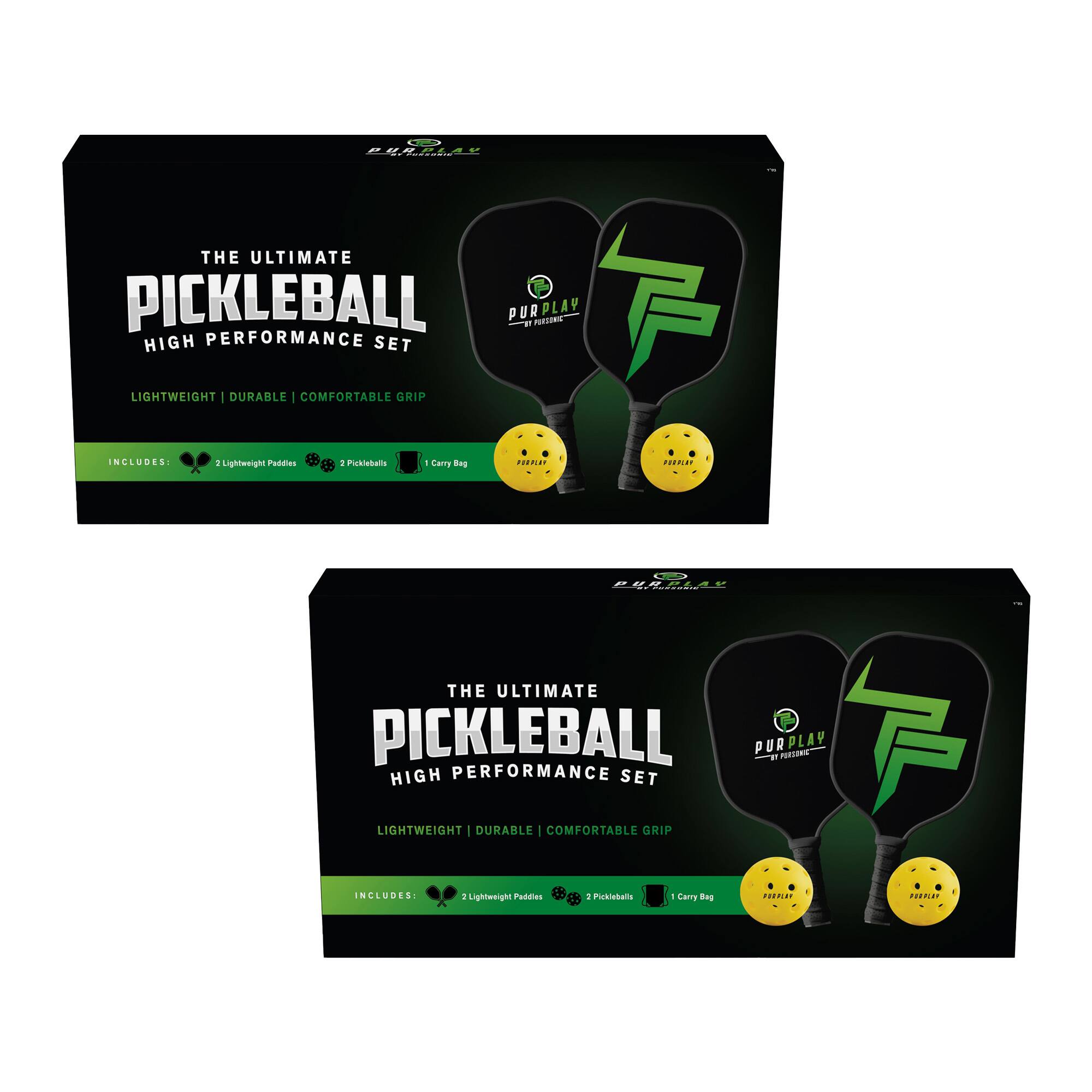 **The Ultimate Pickleball High Performance Set**

- Lightweight | Durable | Comfortable Grip

**Includes:**
- 2 Lightweight Paddles
- 3 Pickleballs
- 1 Carry Bag

**Pickleball**