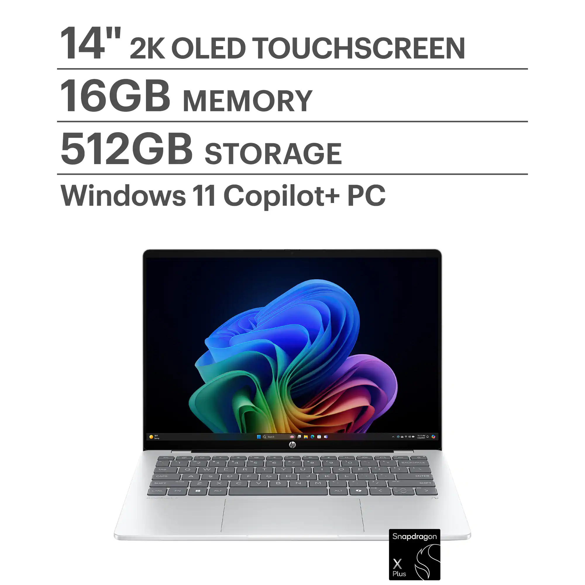 HP - OmniBook 5 - Copilot+ PC - 14" 2K OLED Touch-Screen Laptop - Snapdragon X Plus - 16GB Memory - 512GB SSD - Glacier Silver