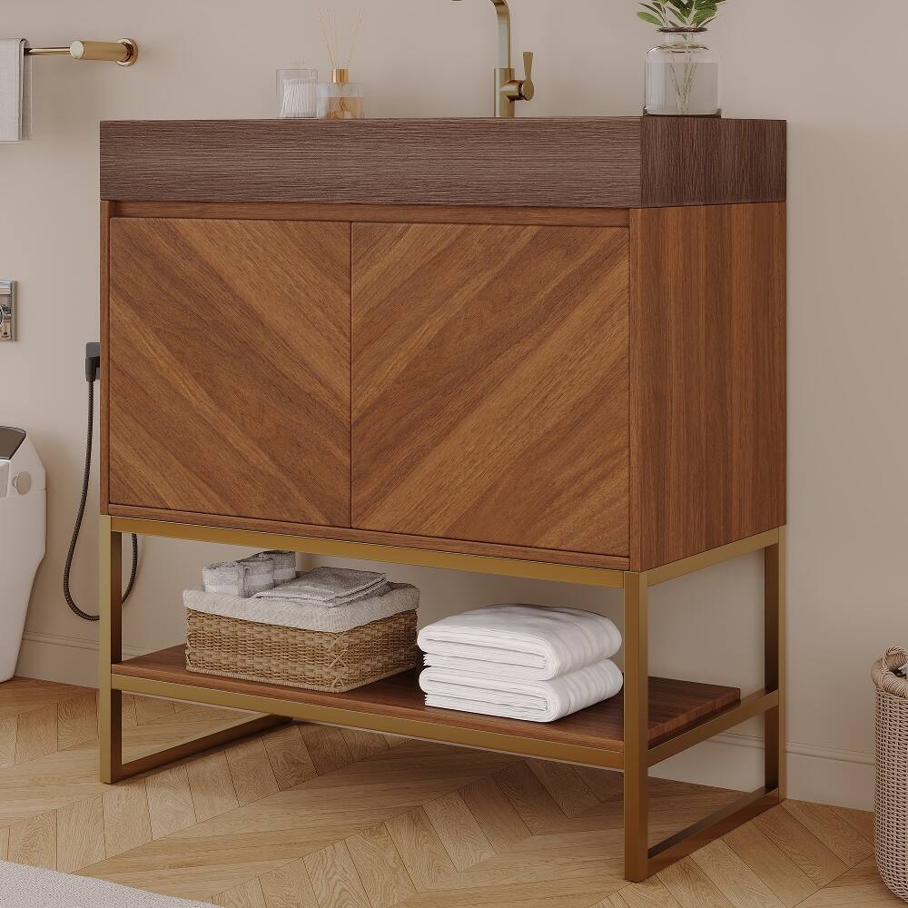 Alt View 3. Loheer - Loheer 29.9 inch modern freestanding bathroom vanity with Ceramic Sink Brown Oak - Brown.