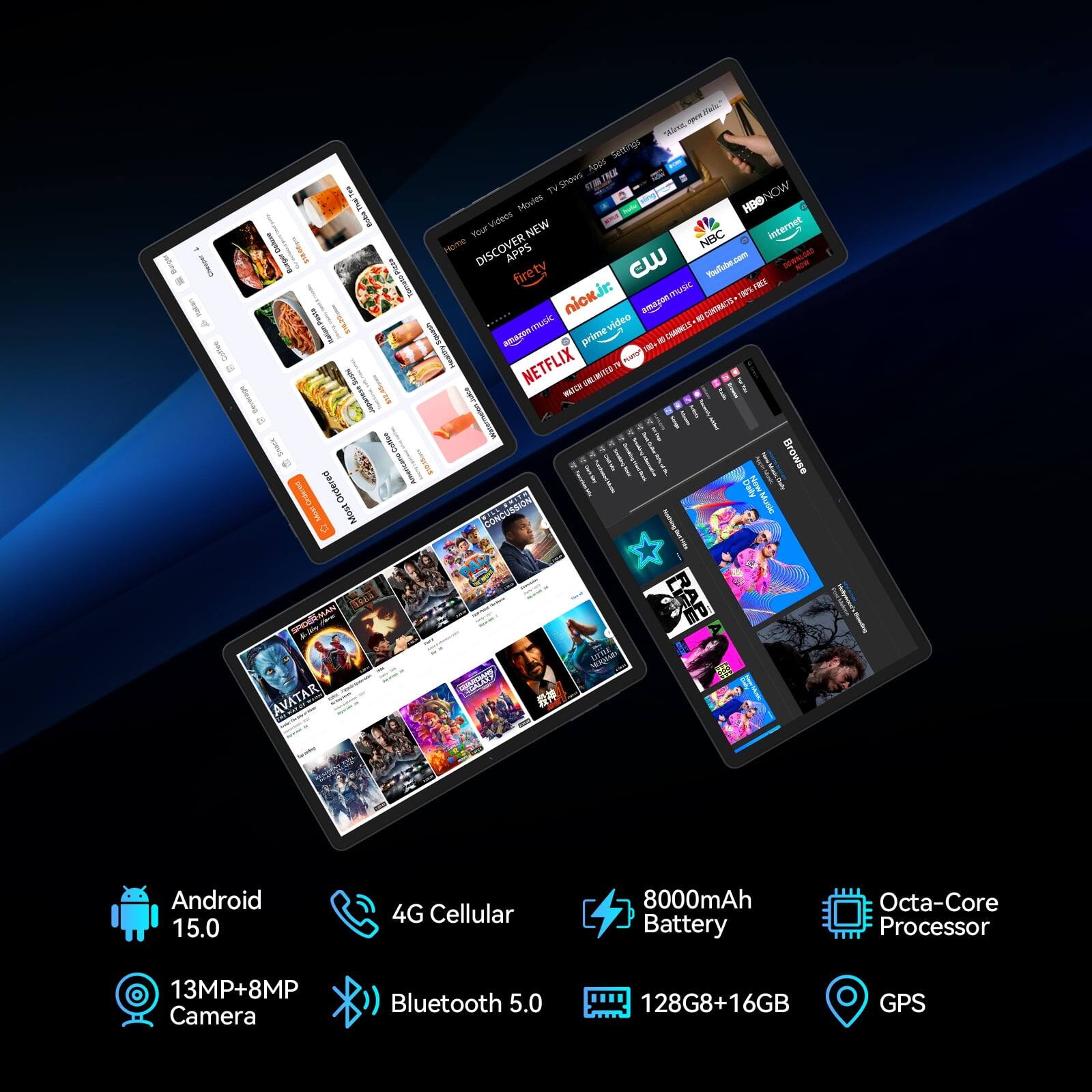 Sure, here is the corrected and grouped text from the image:

---

**Features:**

- Android 15.0
- 4G Cellular
- 13MP+8MP Camera
- Bluetooth 5.0
- 8000mAh Battery
- Octa-Core Processor
- 128GB+16GB
- GPS

**Apps and Services:**

- Netflix
- Prime Video
- Amazon Prime
- Hulu
- NBC
- CW
- nbc.com
- nbcuniversal.com
- nbcuniversal.com
- nbcuniversal.com
- nbcuniversal.com
- nbcuniversal.com
- nbcuniversal.com
- nbcuniversal.com
- nbcuniversal.com
- nbcuniversal.com
- nbcuniversal.com
- nbcuniversal.com
- nbcuniversal.com
- nbcuniversal.com
- nbcuniversal.com
- nbcuniversal.com
- nbcuniversal.com
- nbcuniversal.com
- nbcuniversal.com
- nbcuniversal.com
- nbcuniversal.com
- nbcuniversal.com
- nbcuniversal.com
- nbcuniversal.com
- nbcuniversal.com
- nbc