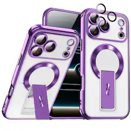 Dteck - Mag Safe Rugged Case for Apple iPhone 17 Pro Max with Foldable Stand & Built-in 9H Lens Protector Shockproof Clear Back - Darkpurple