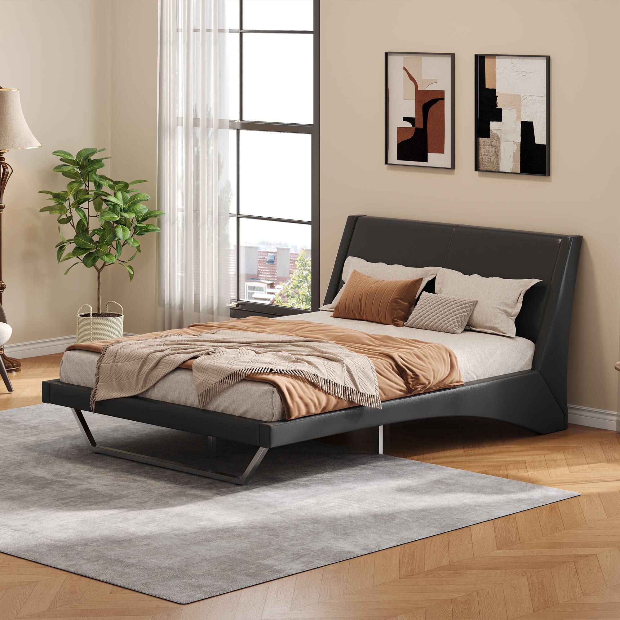 Whisen - Queen Size Upholstered Platform Bed Frame with Trapezoidal-Shaped Leg for Bedroom - Black