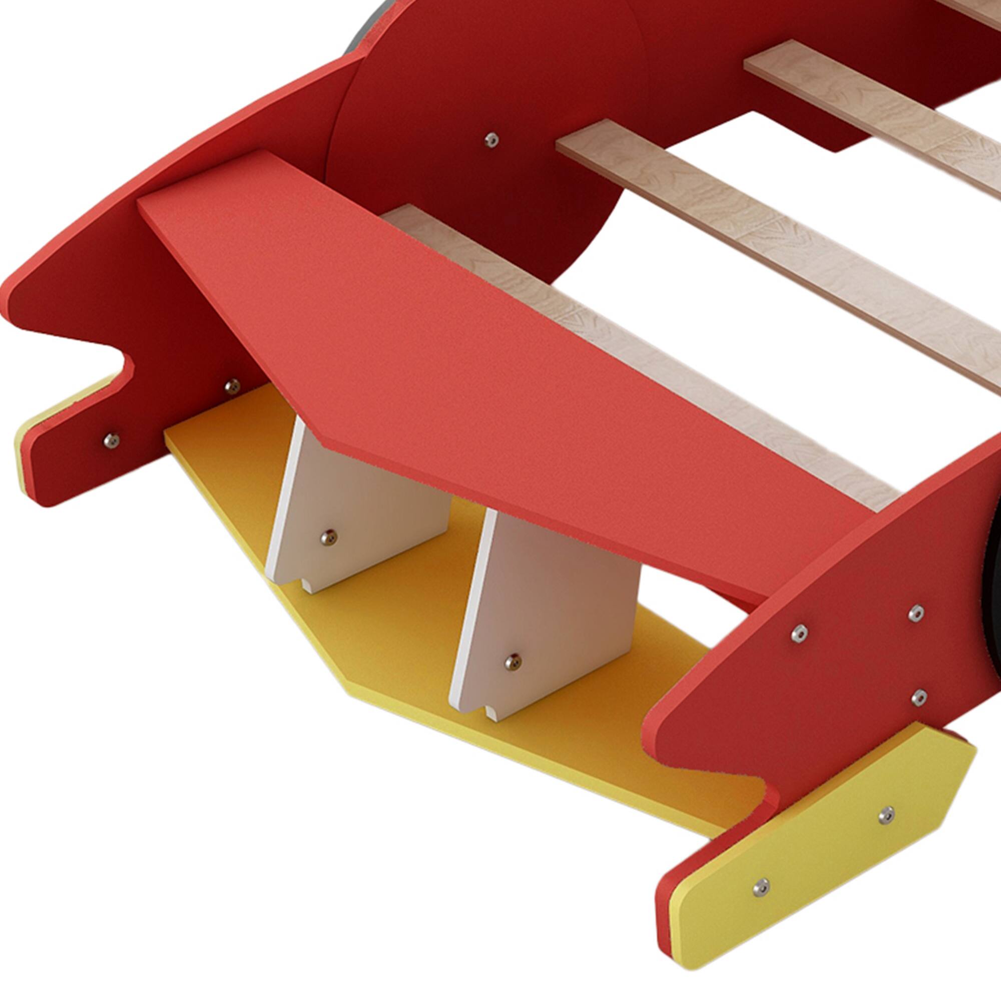 Alt View 7. GOODSILO - Twin Size Youth Race Car Themed Platform Bed with Side Rails and Decorative Wheels - Red.