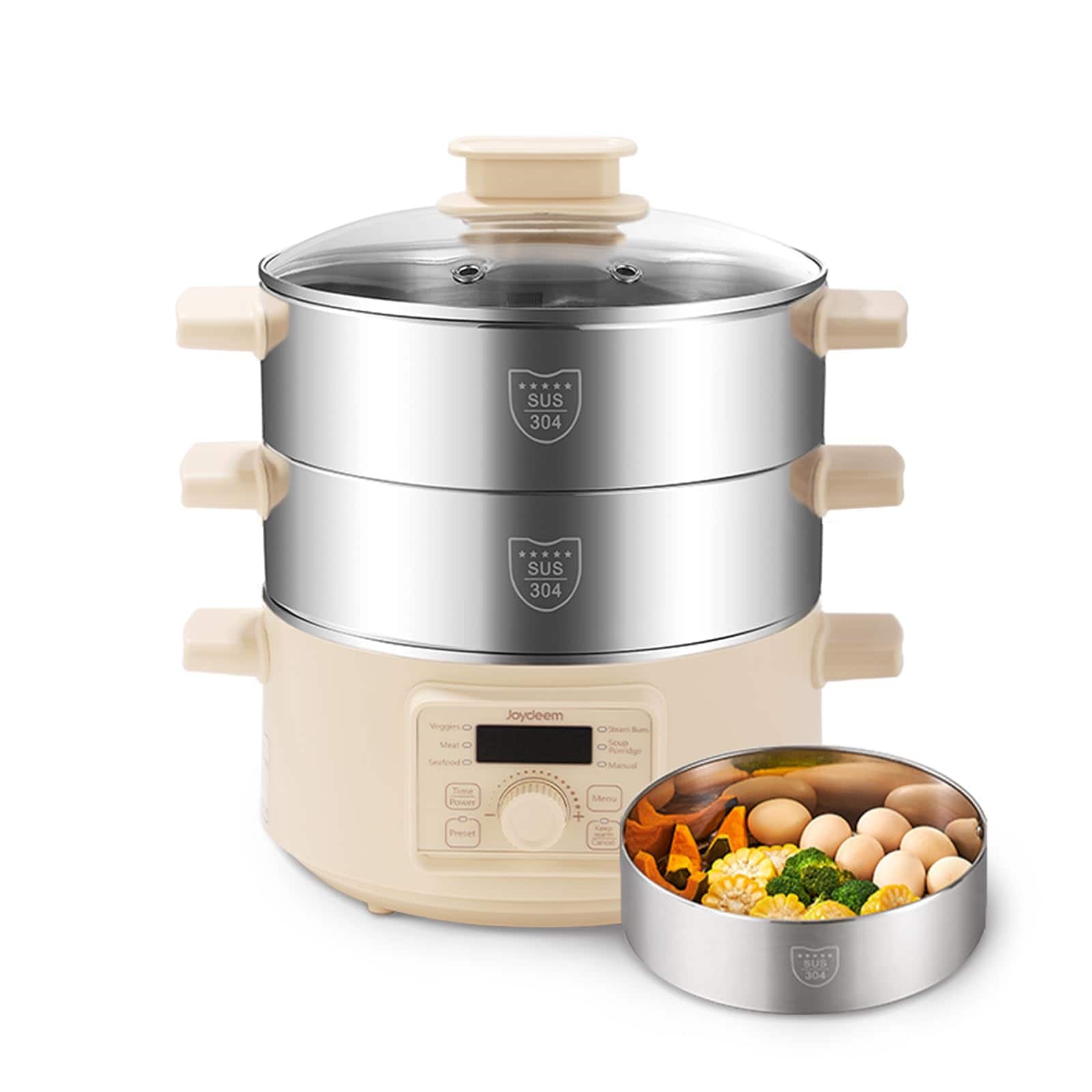 JOYDEEM - Electric Food Steamer for Cooking, 2-Tier Stainless Steel Vegetable & Food Steamers, 13L/13.7 qt Large Capacity - Yellow