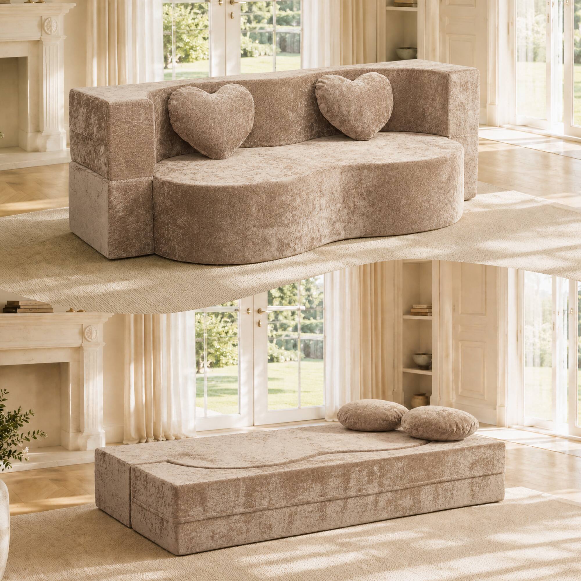 Alt View 2. Boyel Living - Warm Taupe Heart-Shaped Cheese Bed Convertible Sofa 78.7 Inch No Assembly Sponge Sofa Bed in a Box with Pillows - Warm Taupe.