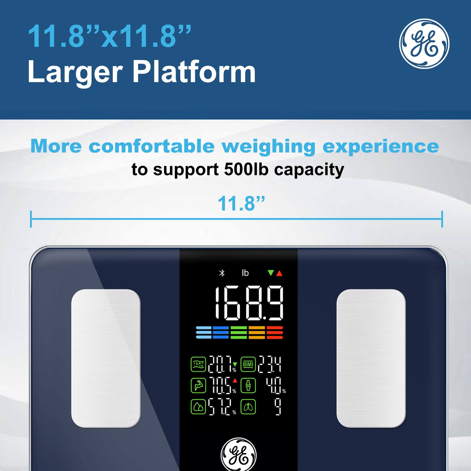 11.8" x 11.8"  
Larger Platform  

More comfortable weighing experience to support 500lb capacity  
11.8"  

168.9 lb  

BMI 23.4  
70.5%  
57.2%  
9